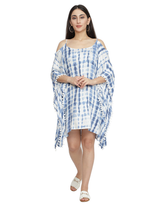 NUEVOSDAMAS Women Rayon Tie & Dye Kaftan | Beachwear Summer Kaftan |Shoulder Strap Designer Kaftan | Casual Kaftan for Women_ Blue/White