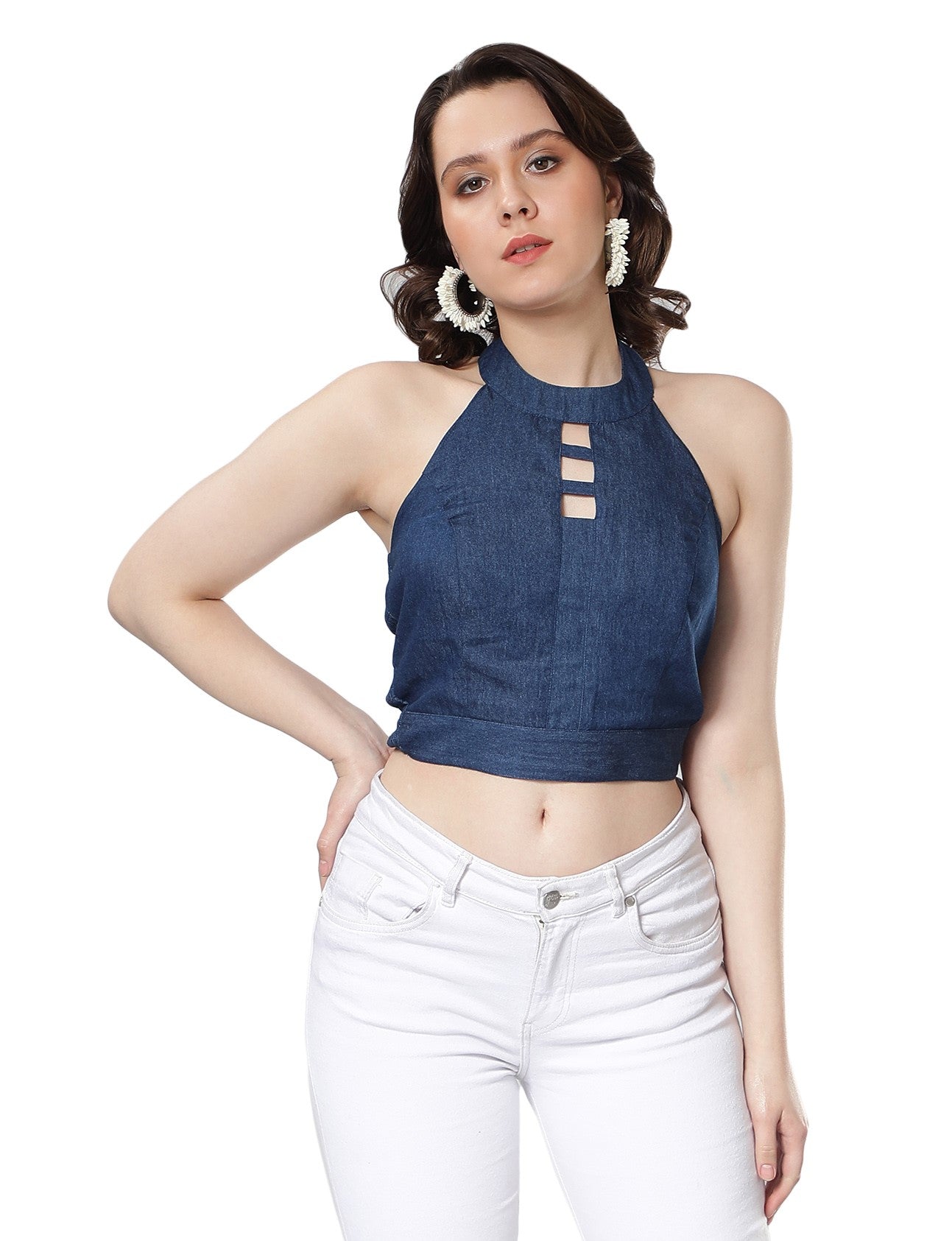 NUEVOSDAMAS Women Denim Halter Neck Crop Top Blue