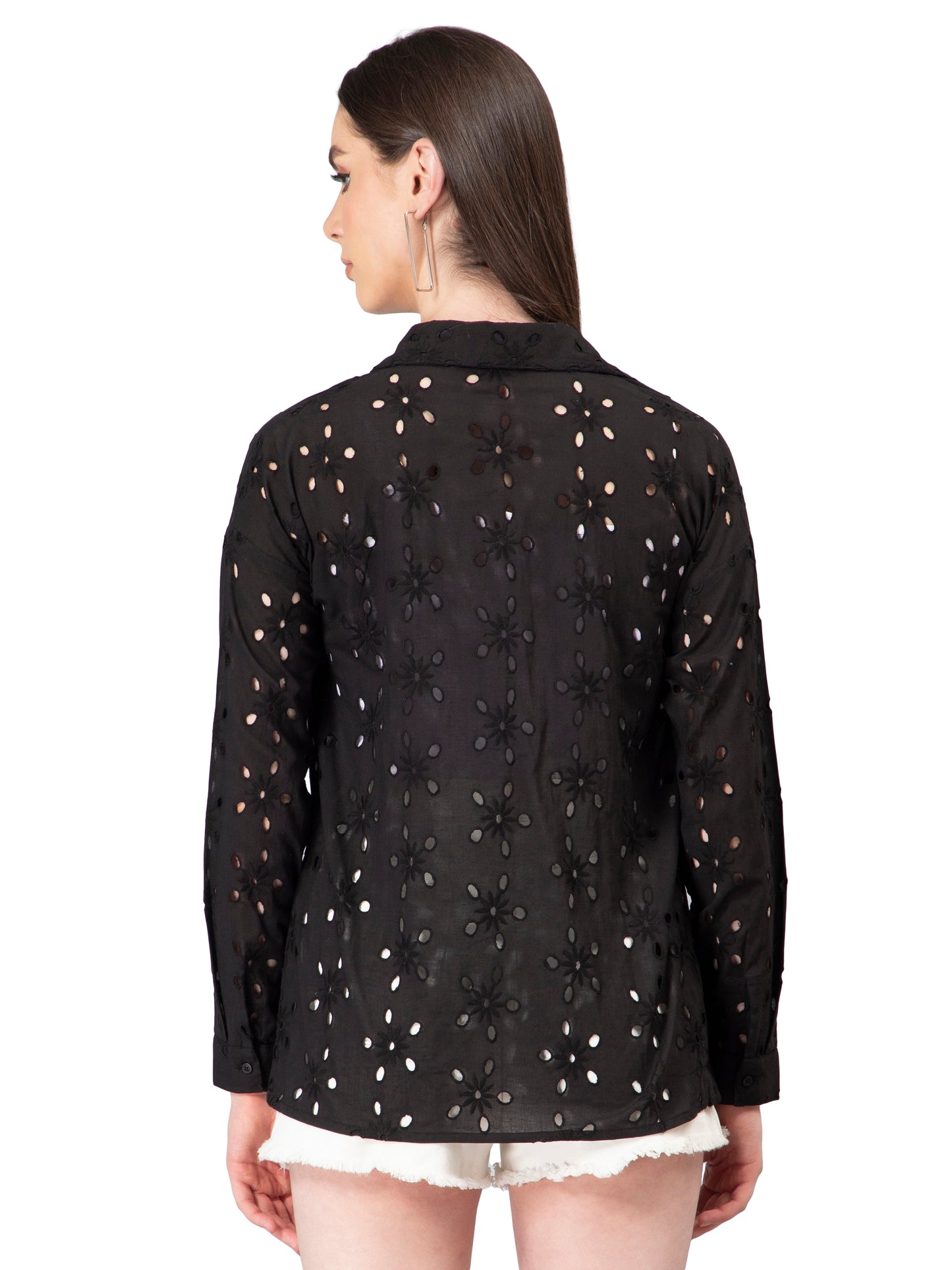 NUEVOSDAMAS Women Pure Cotton Self Design Schiffli Embroidered Shirt Black