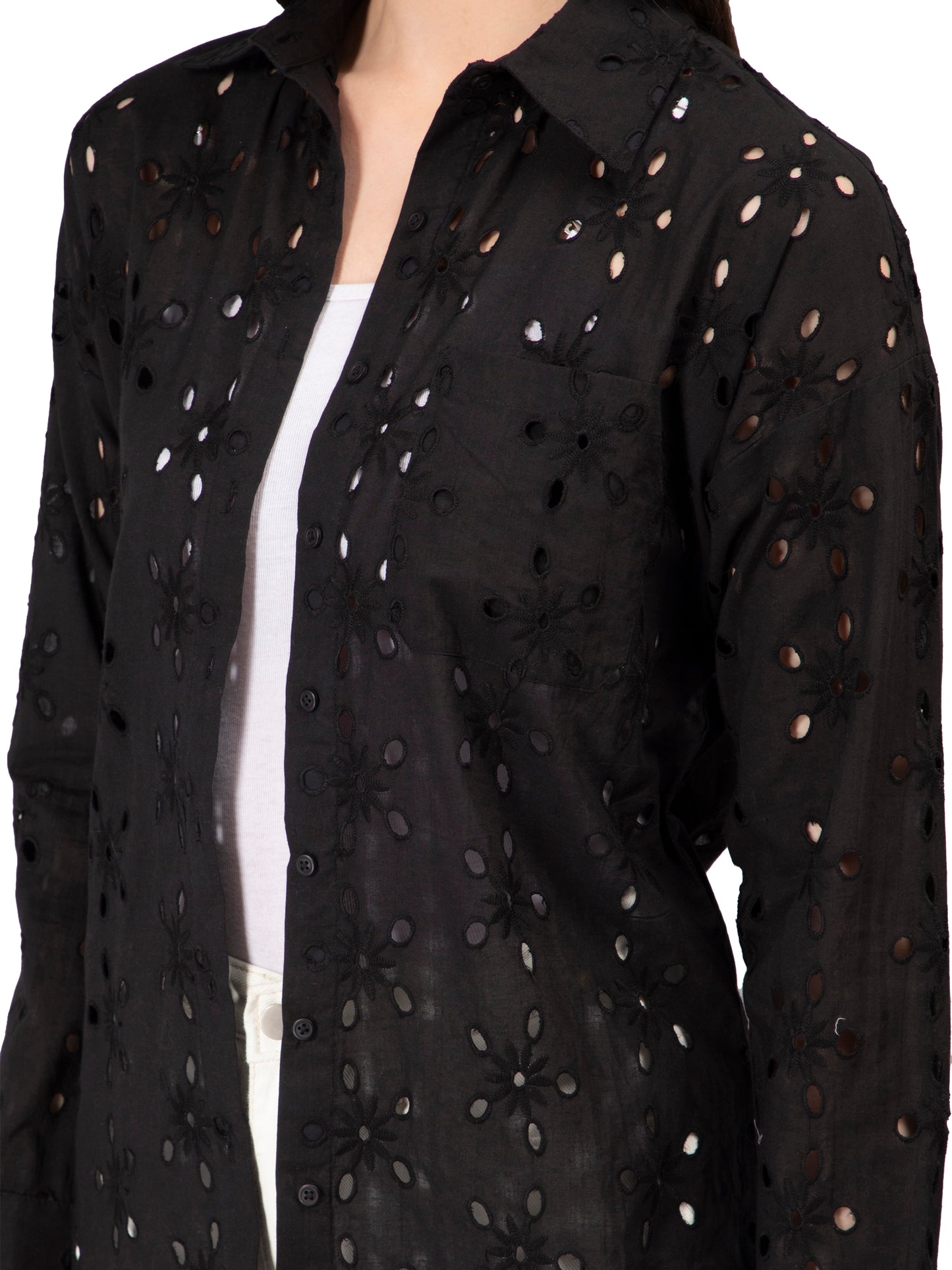 NUEVOSDAMAS Women Pure Cotton Self Design Schiffli Embroidered Shirt Black