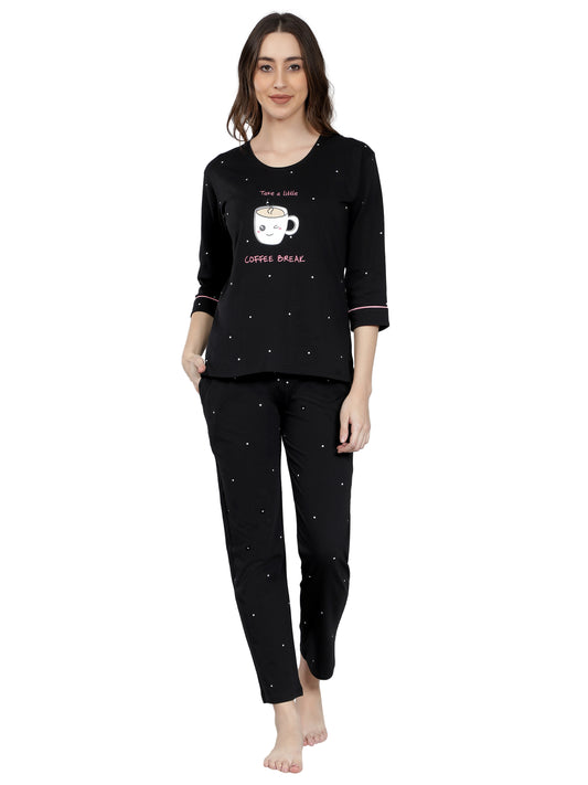 NUEVOSDAMAS Women Cotton Jersey Printed Night Suit | Set of Two Black