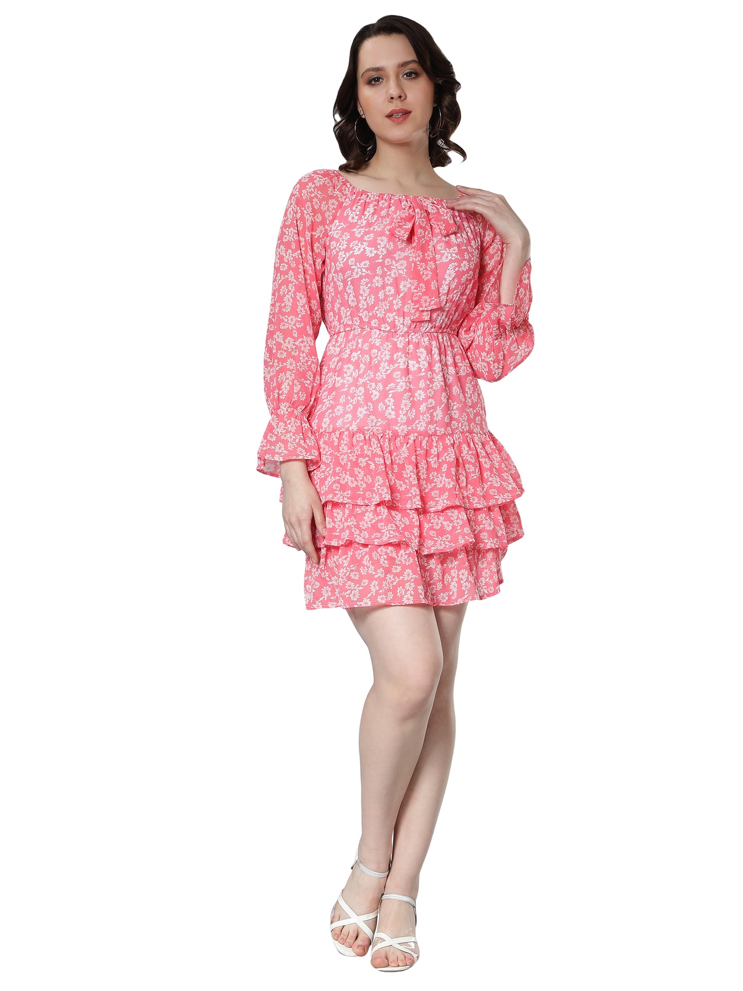 NUEVOSDAMAS Georgette Floral Printed Flare Midi Dress Pink