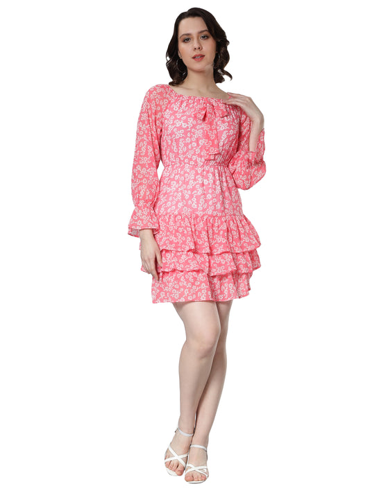 NUEVOSDAMAS Georgette Floral Printed Flare Midi Dress Pink