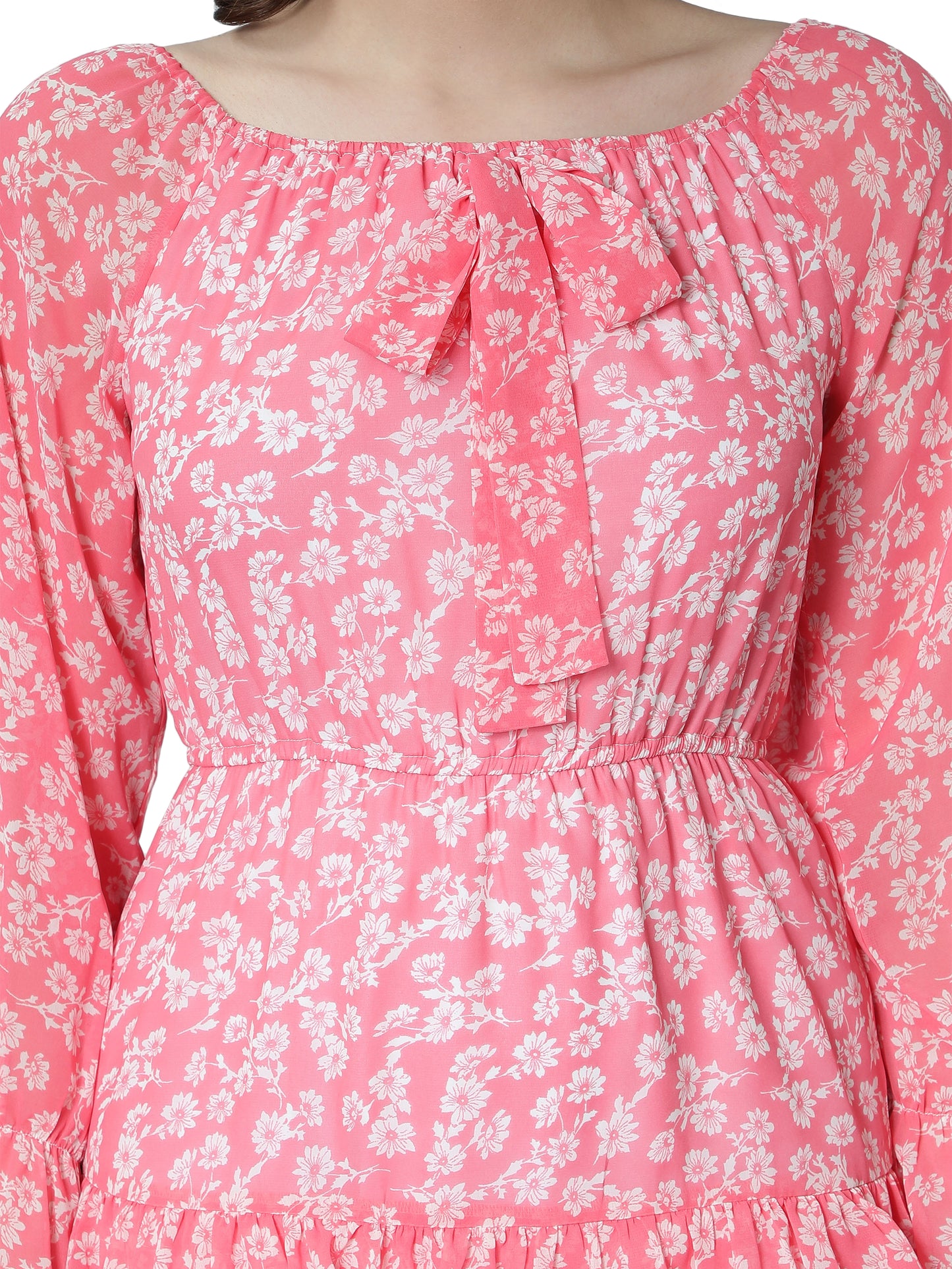 NUEVOSDAMAS Georgette Floral Printed Flare Midi Dress Pink