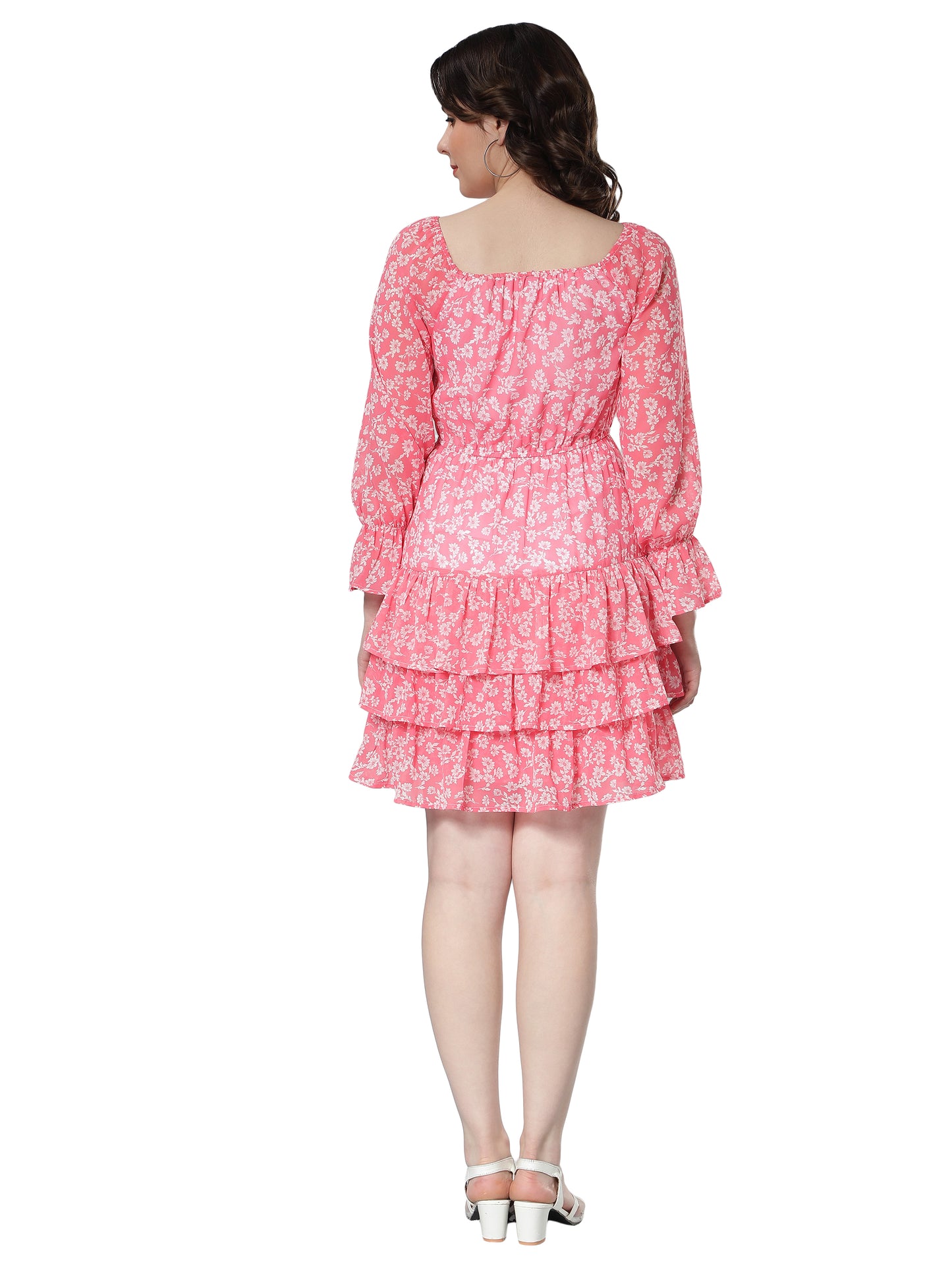 NUEVOSDAMAS Georgette Floral Printed Flare Midi Dress Pink
