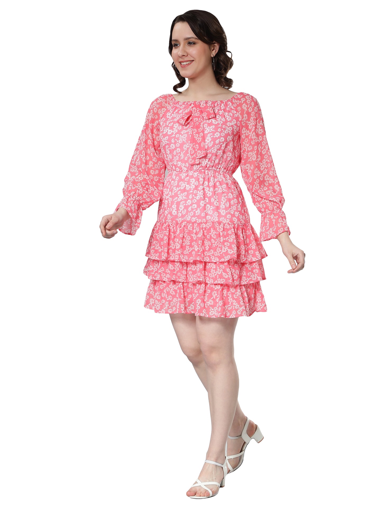 NUEVOSDAMAS Georgette Floral Printed Flare Midi Dress Pink