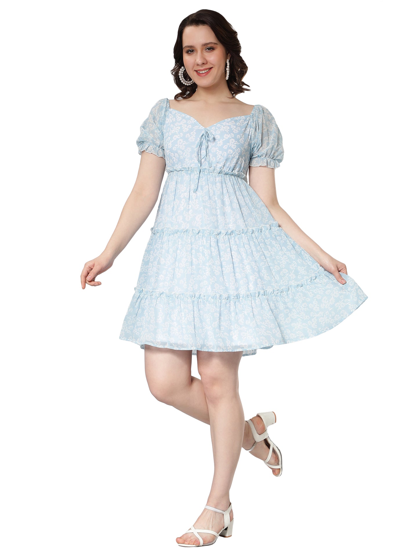 NUEVOSDAMAS Georgette Floral Printed Flare Midi Dress Light Blue