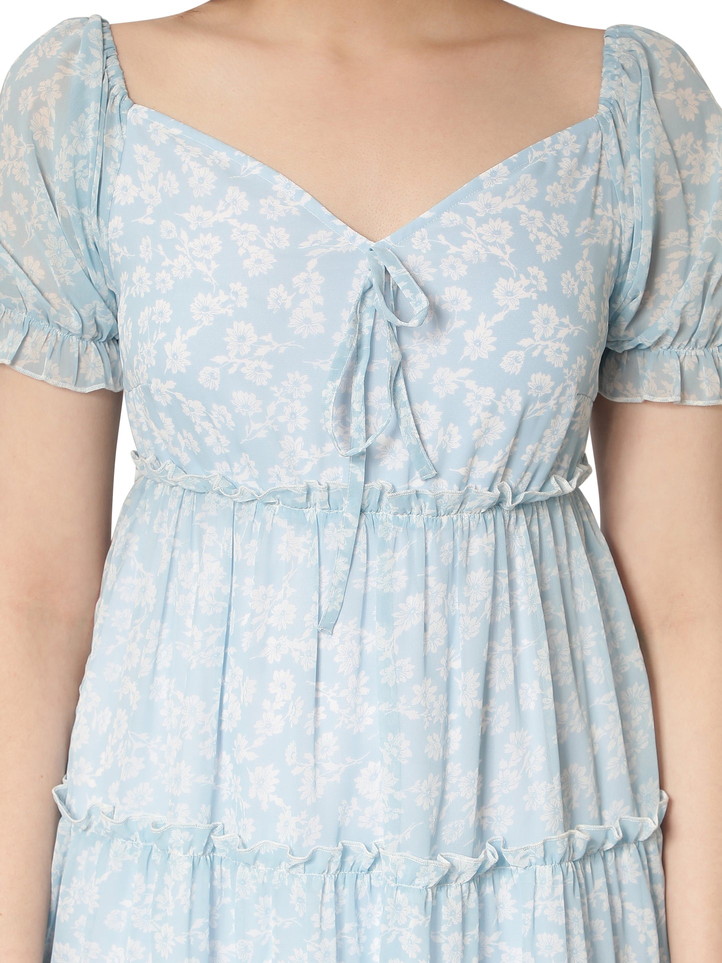 NUEVOSDAMAS Georgette Floral Printed Flare Midi Dress Light Blue