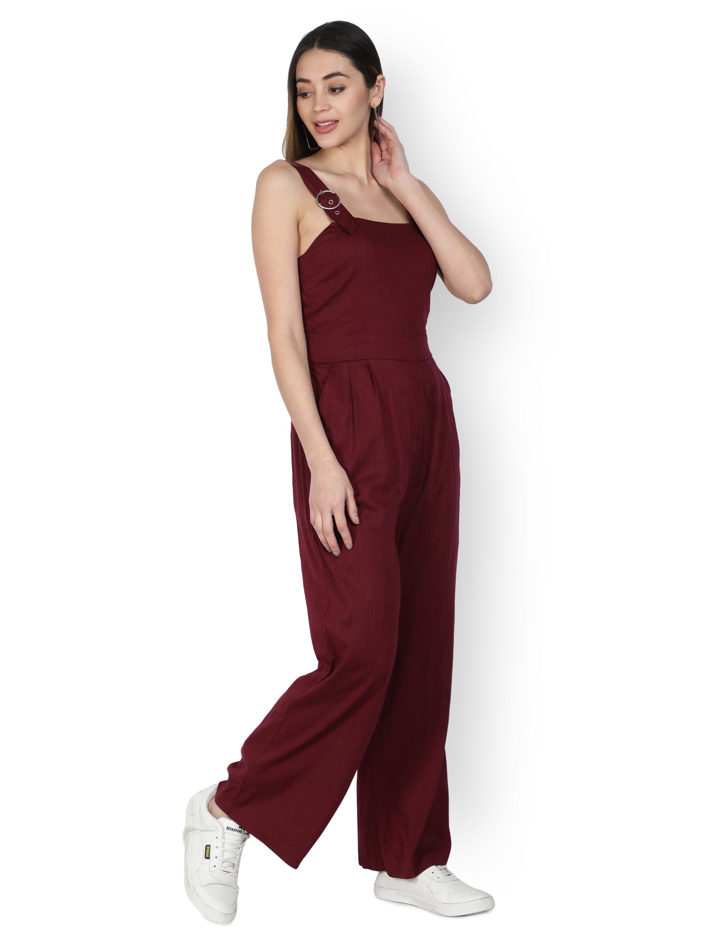 NUEVOSDAMAS Women Solid Cotton Linen Maroon Jumpsuit