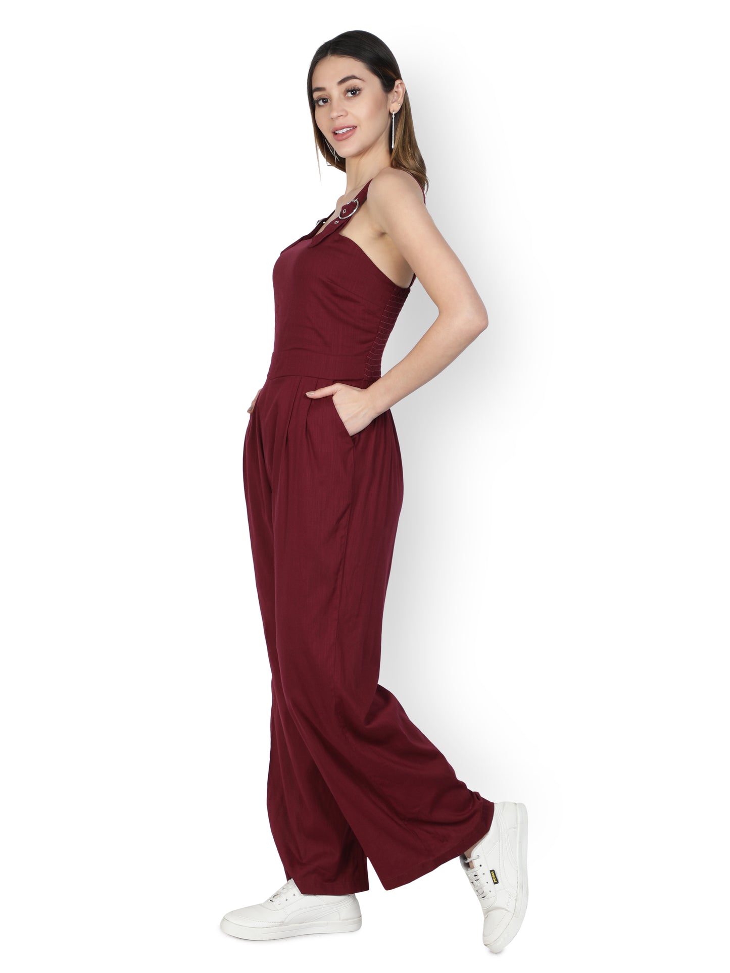 NUEVOSDAMAS Women Solid Cotton Linen Maroon Jumpsuit
