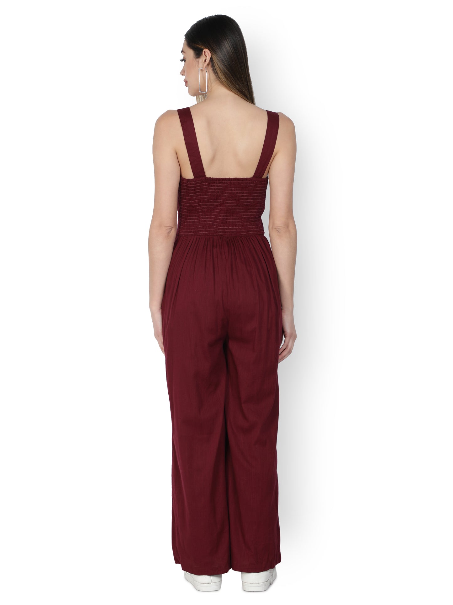 NUEVOSDAMAS Women Solid Cotton Linen Maroon Jumpsuit