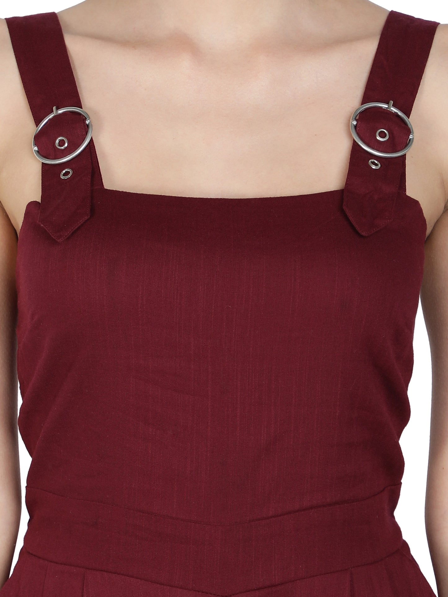 NUEVOSDAMAS Women Solid Cotton Linen Maroon Jumpsuit
