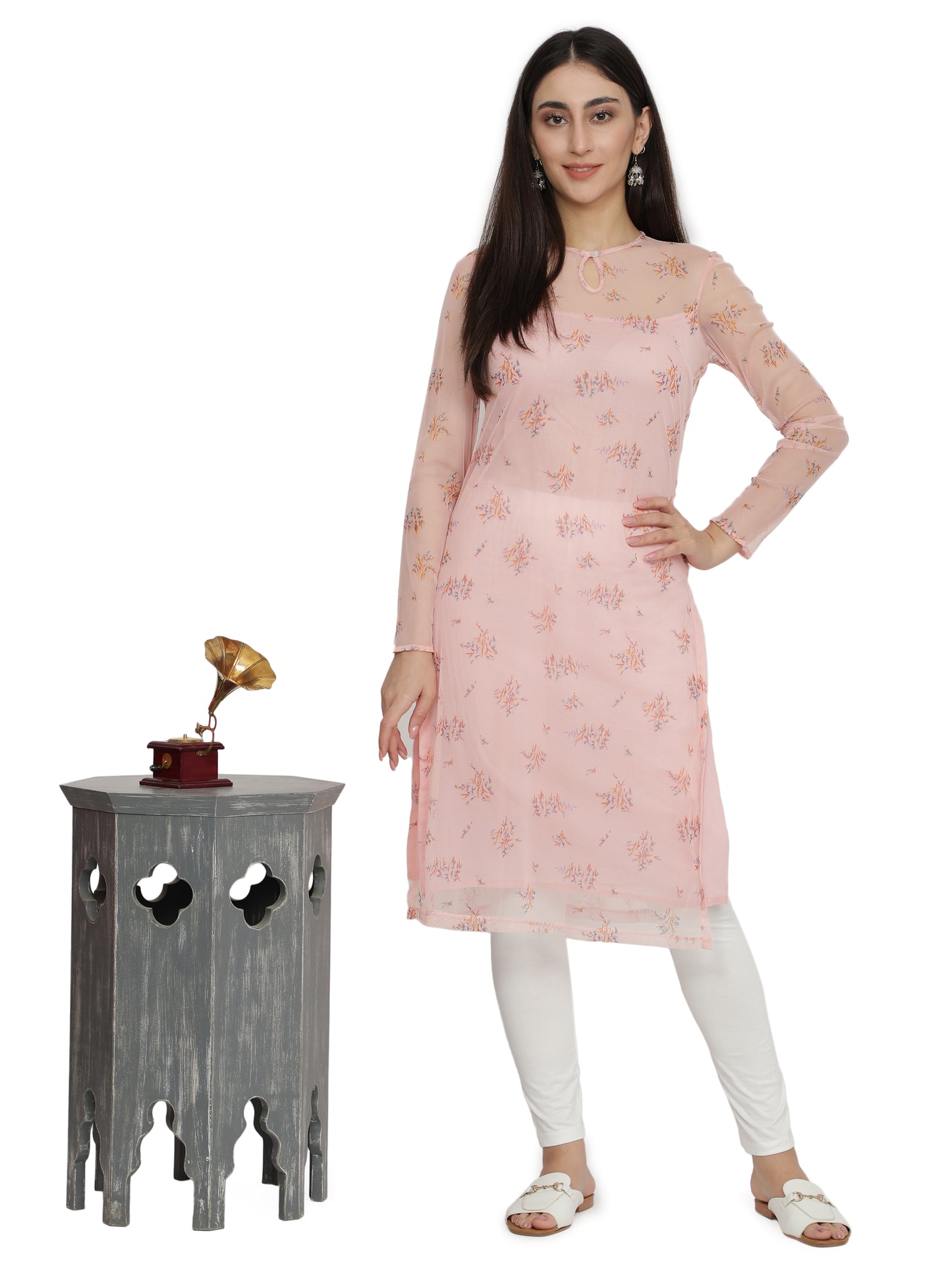 NUEVOSDAMAS Women Printed Poly Net Straight Pink Kurta with Cotton Lining