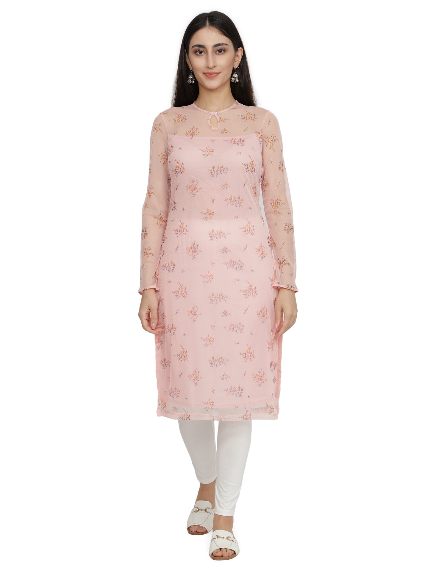 NUEVOSDAMAS Women Printed Poly Net Straight Pink Kurta with Cotton Lining