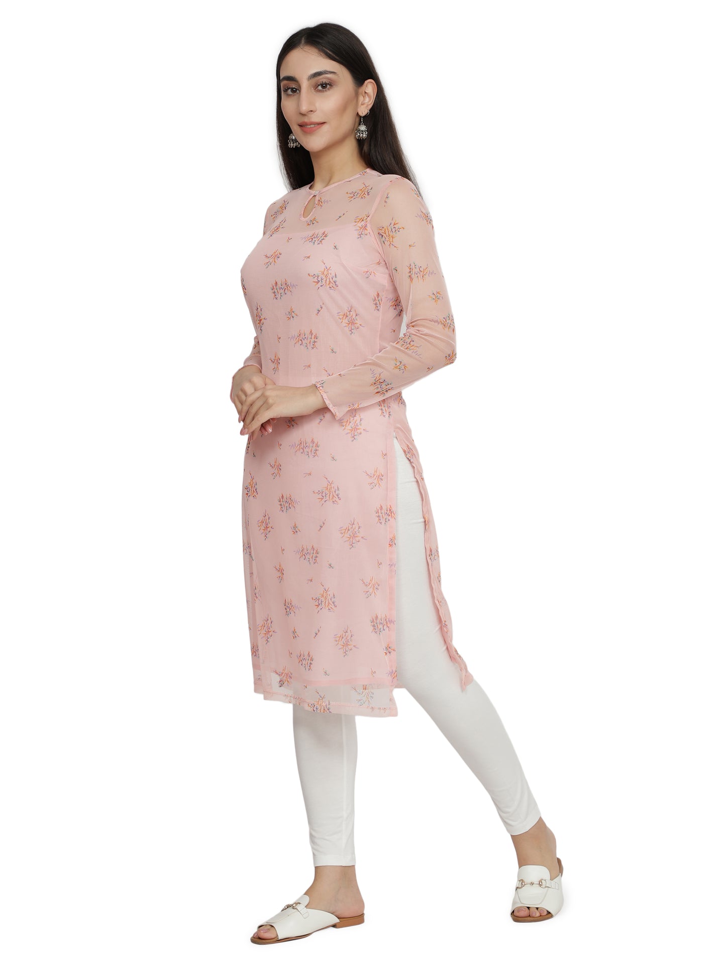 NUEVOSDAMAS Women Printed Poly Net Straight Pink Kurta with Cotton Lining
