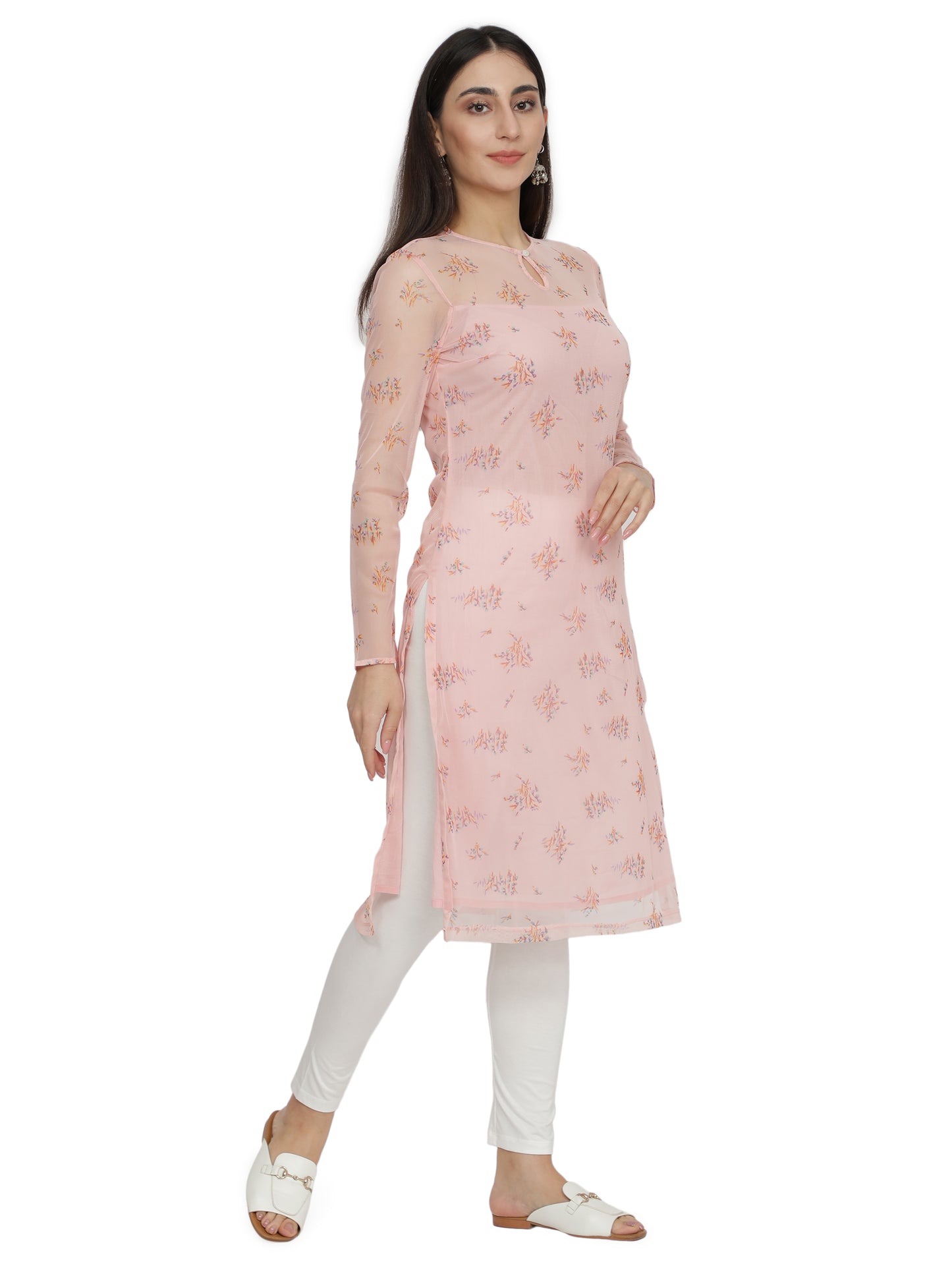 NUEVOSDAMAS Women Printed Poly Net Straight Pink Kurta with Cotton Lining