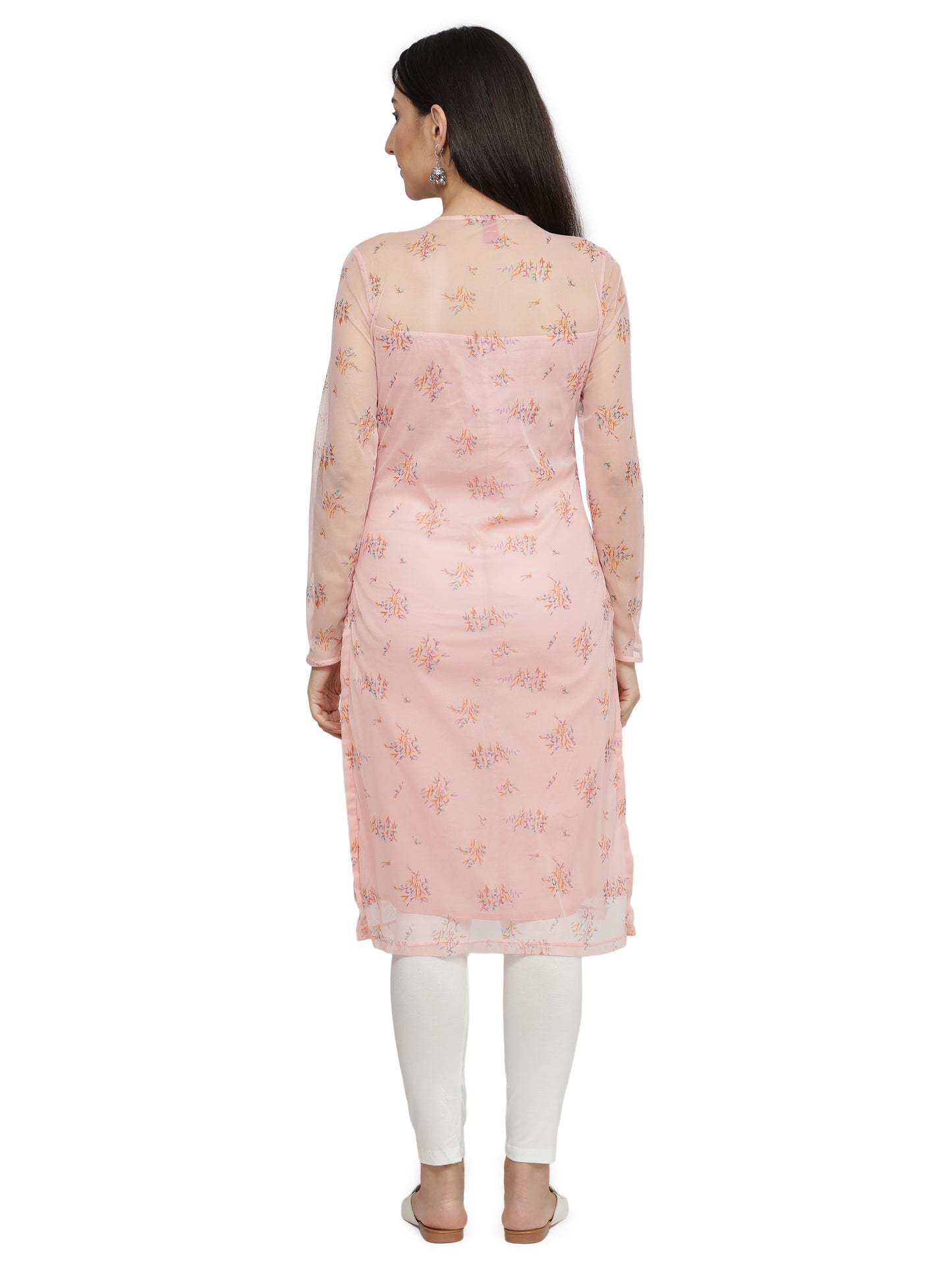 NUEVOSDAMAS Women Printed Poly Net Straight Pink Kurta with Cotton Lining