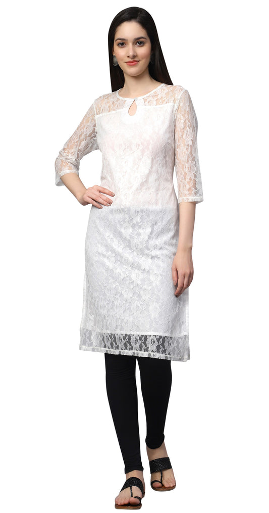 NUEVOSDAMAS Women Floral Lace Net Self Design White Kurti