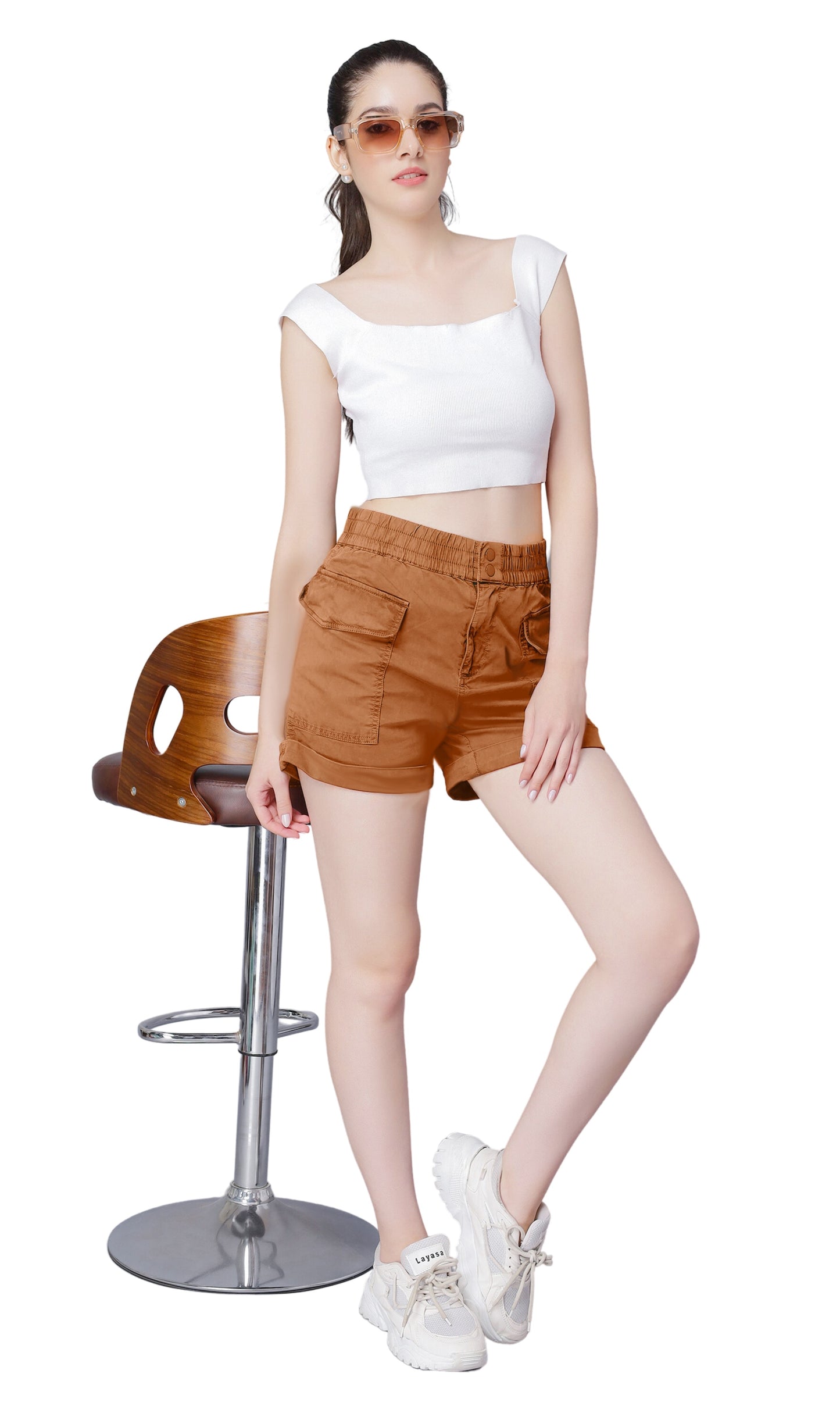 NUEVOSDAMAS Women Pure Cotton Cargo Shorts - Rust Brown