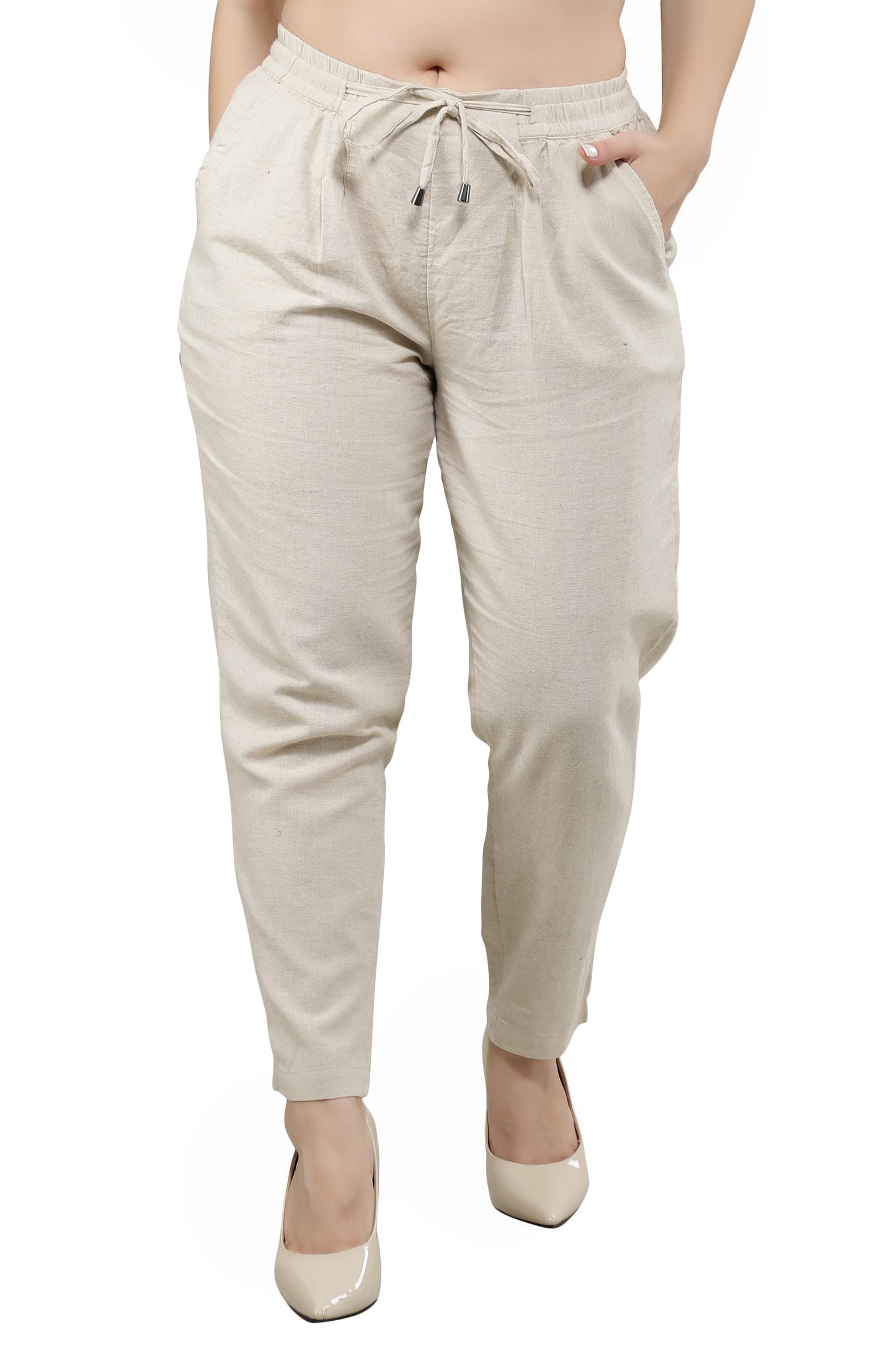 NUEVOSDAMAS Women Regular Fit Cotton Blend Beige Trousers