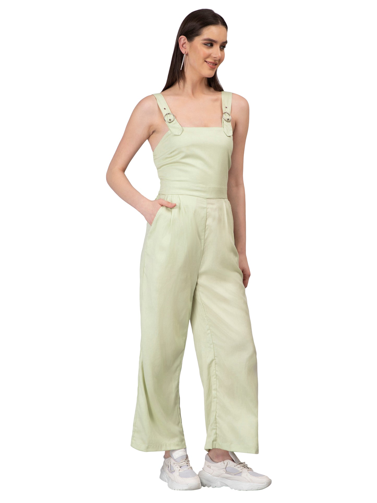 NUEVOSDAMAS Women Solid Cotton Linen Mint Green Jumpsuit