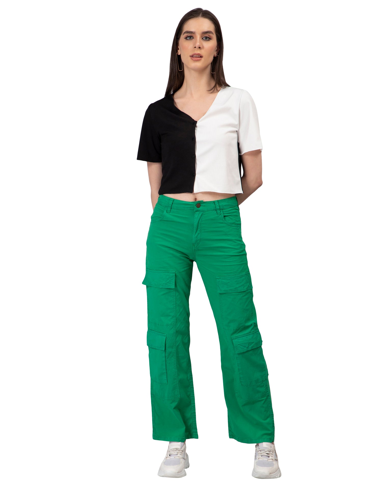 NUEVOSDAMAS Women Cotton Denim Solid Green Trouser