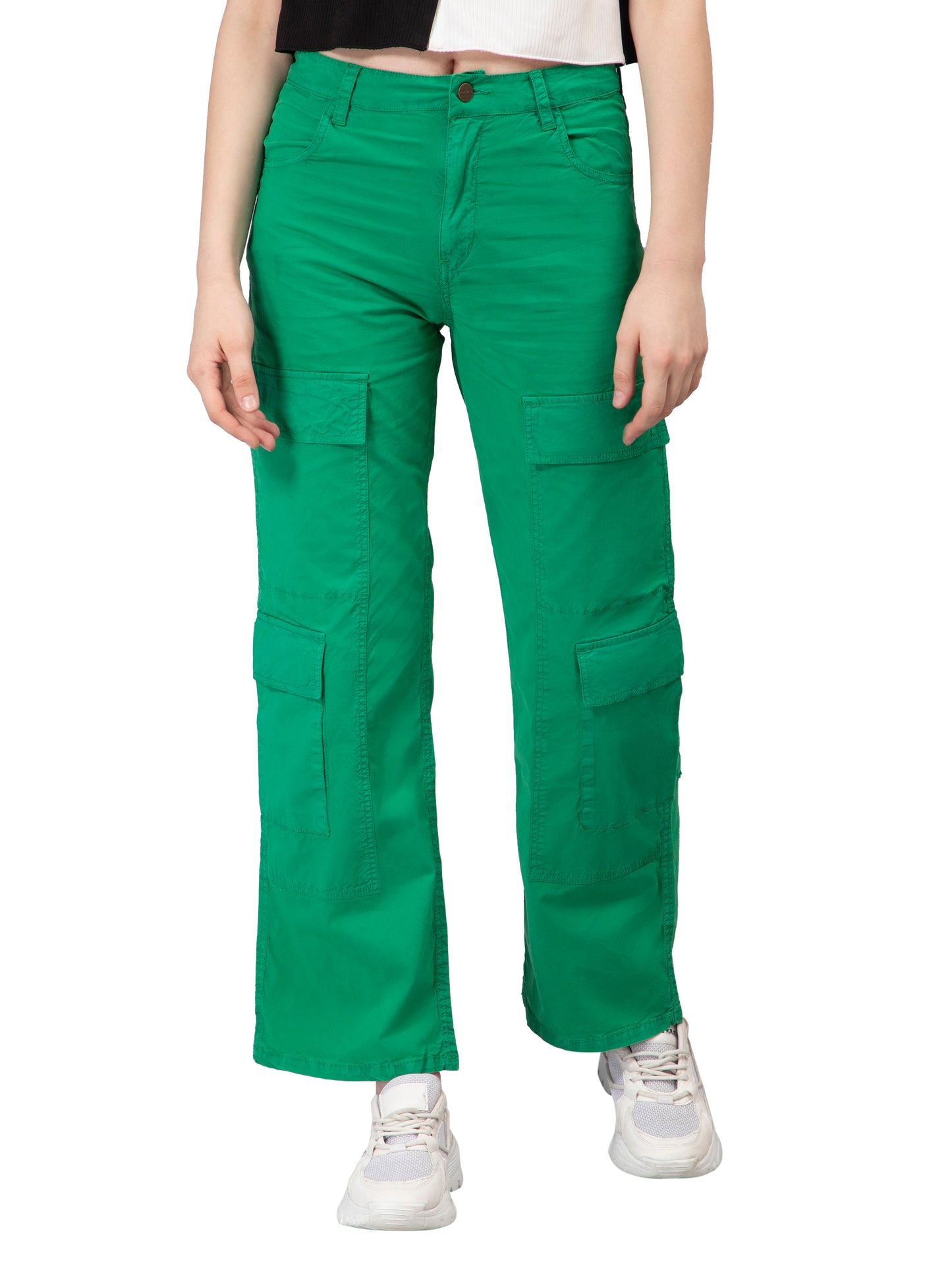NUEVOSDAMAS Women Cotton Denim Solid Green Trouser