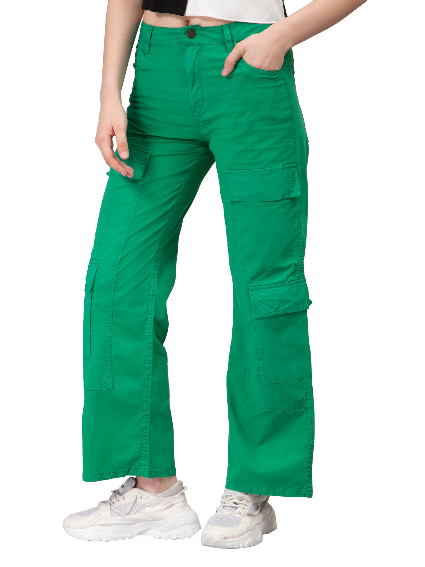 NUEVOSDAMAS Women Cotton Denim Solid Green Trouser
