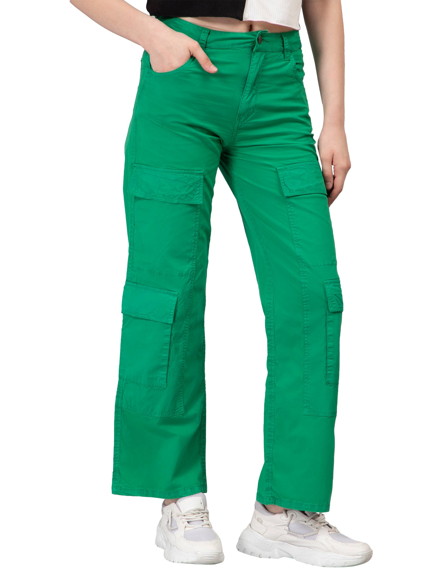 NUEVOSDAMAS Women Cotton Denim Solid Green Trouser