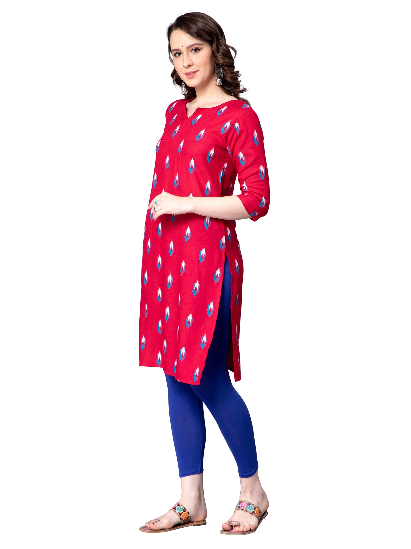 NUEVOSDAMAS Women Ikat Printed Rayon Maroon Kurti