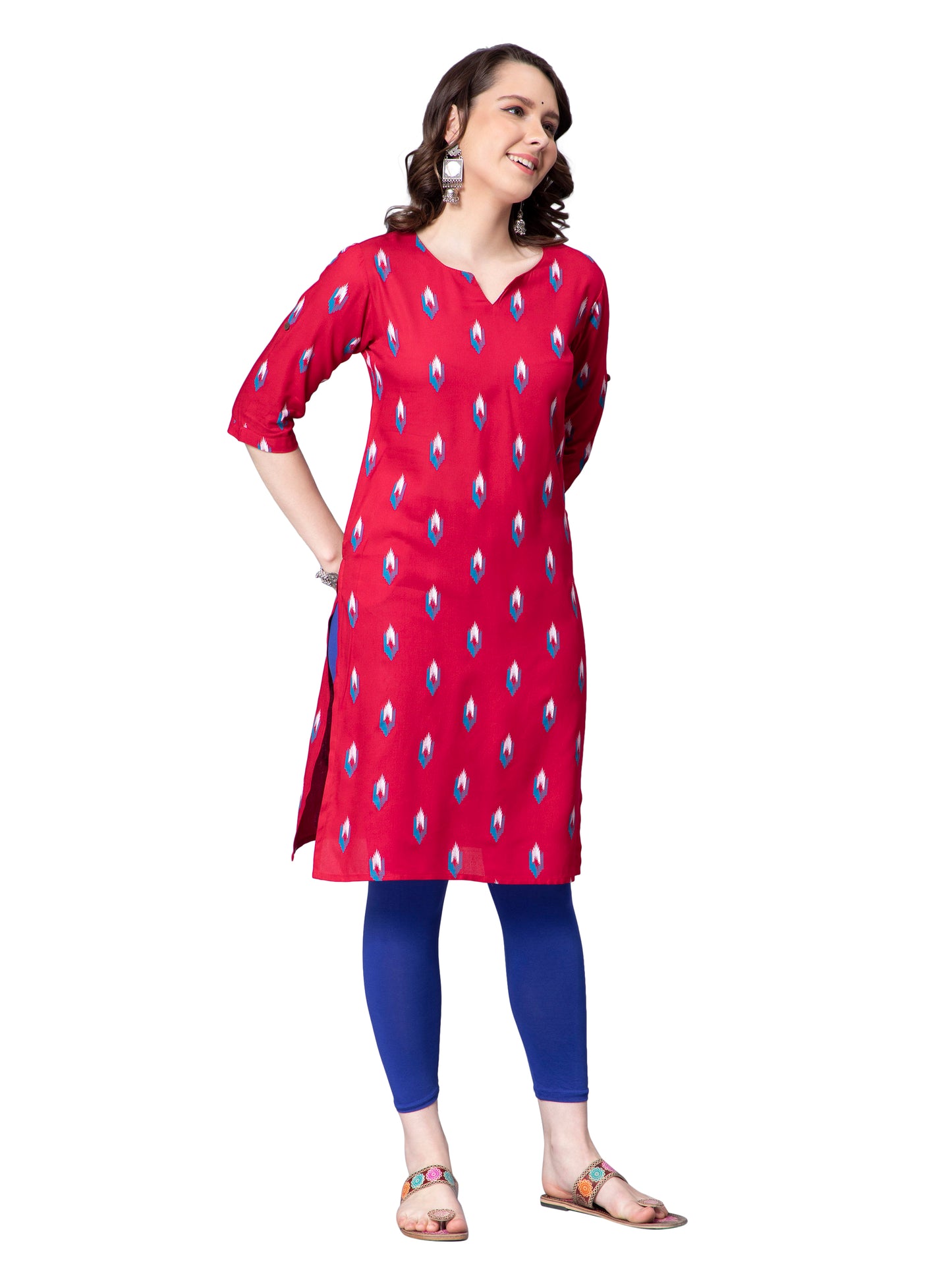 NUEVOSDAMAS Women Ikat Printed Rayon Maroon Kurti