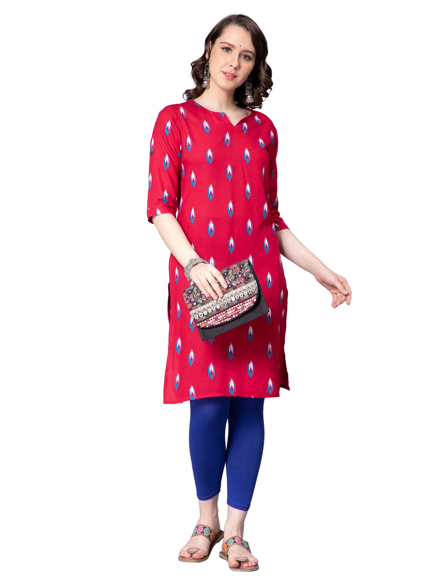 NUEVOSDAMAS Women Ikat Printed Rayon Maroon Kurti