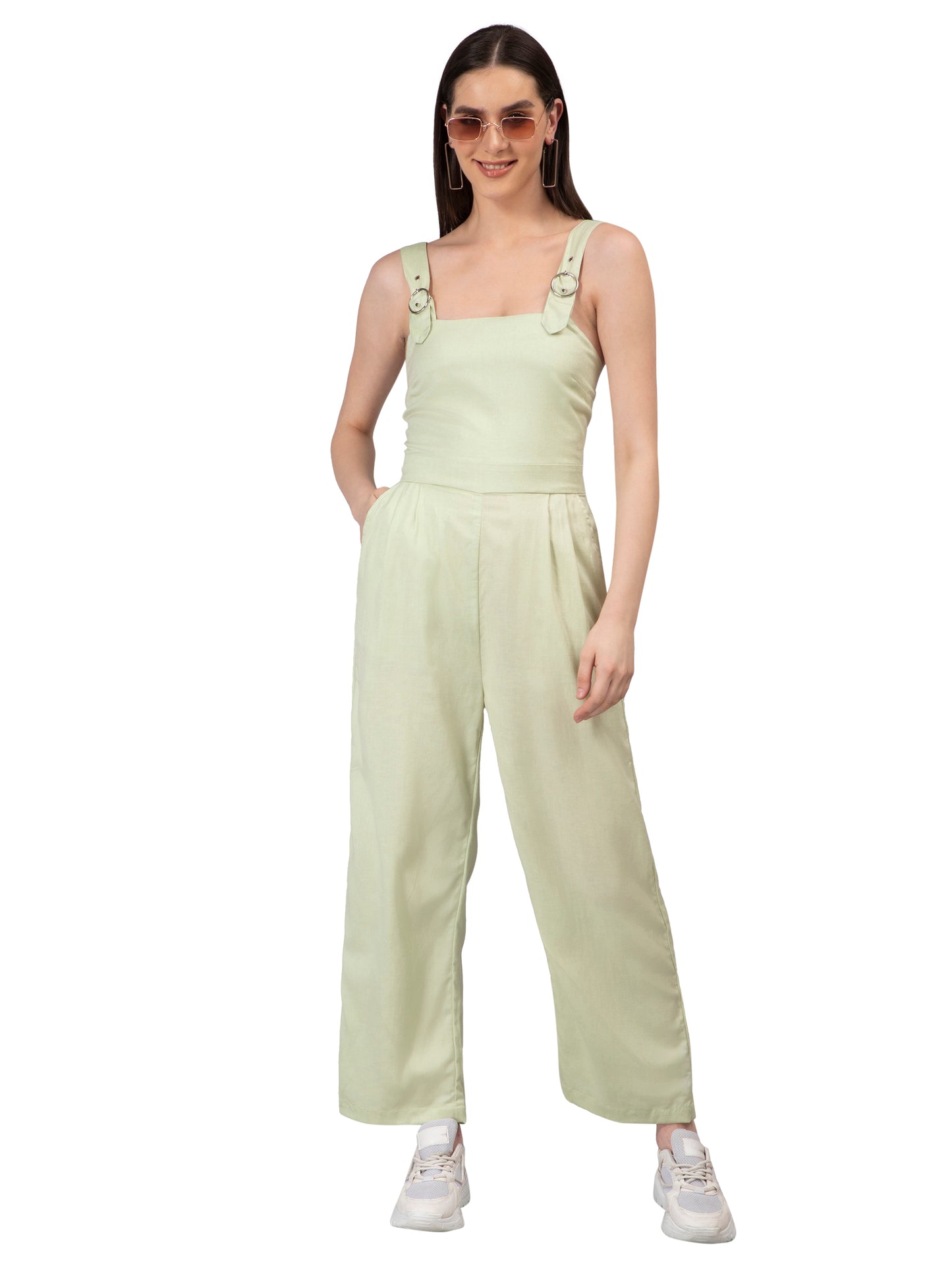 NUEVOSDAMAS Women Solid Cotton Linen Mint Green Jumpsuit