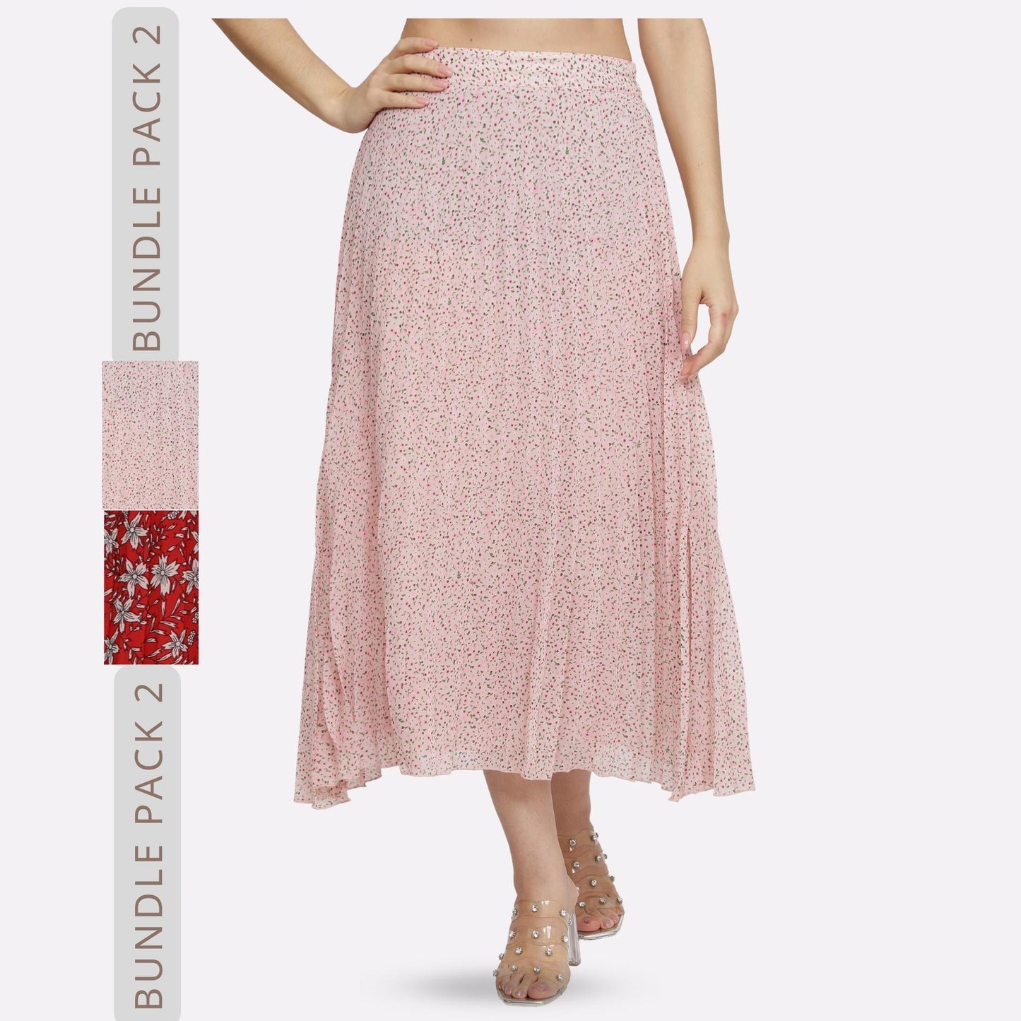 NUEVOSDAMAS Women Georgette Floral Printed Skirts-Pack of Two-Pink and Red