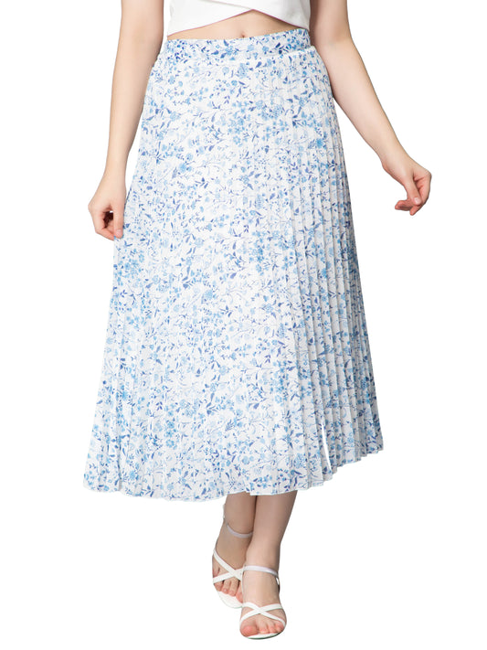 Women's Ditsy Floral Print High Waist Skirt Pleated A-line Long Skirt Beach Elasticated White/Blue Midi Skirt