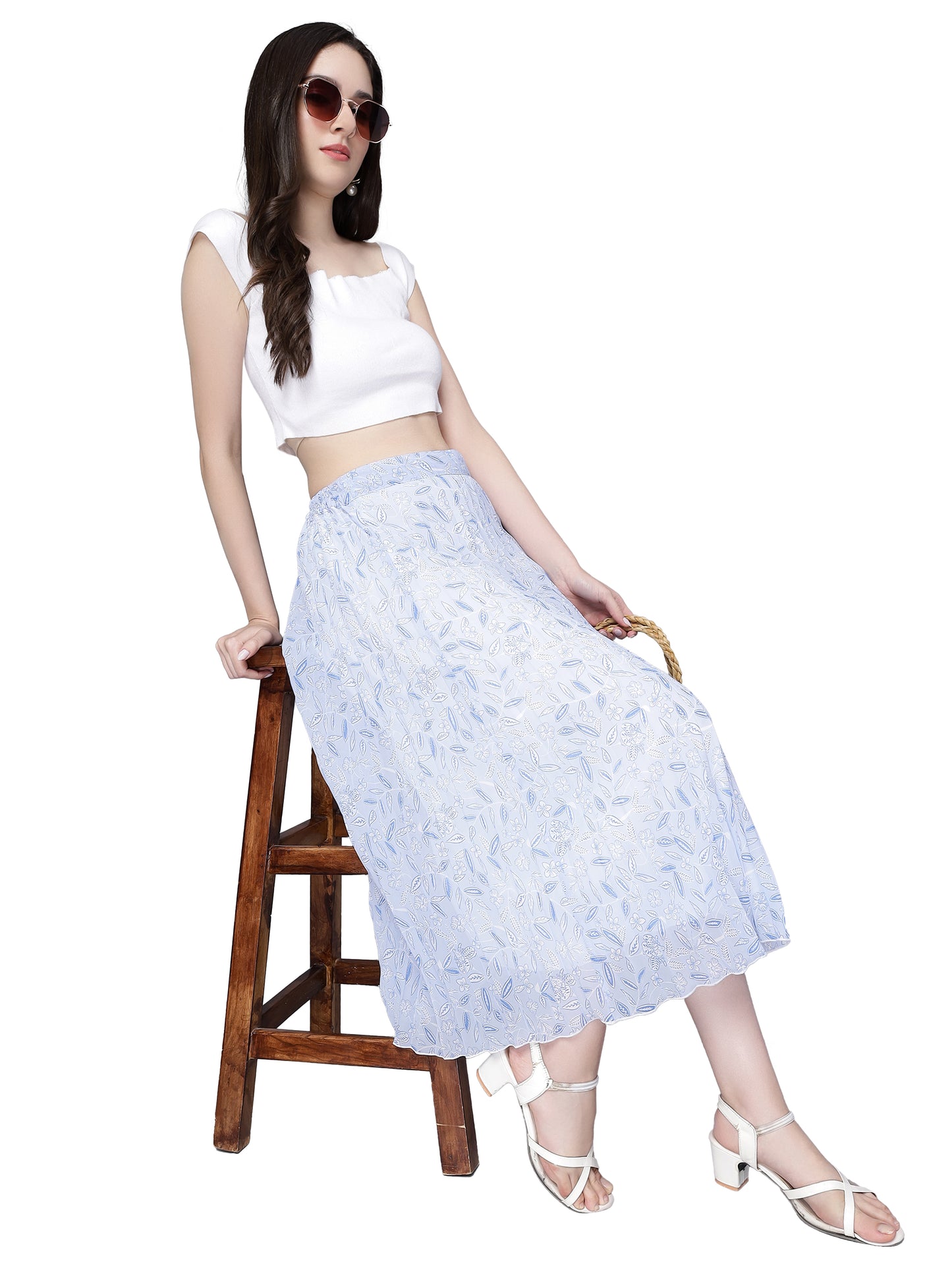 Women's Ditsy Floral Print High Waist Skirt Pleated A-line Long Skirt Beach Elasticated Sky Blue Midi Skirt