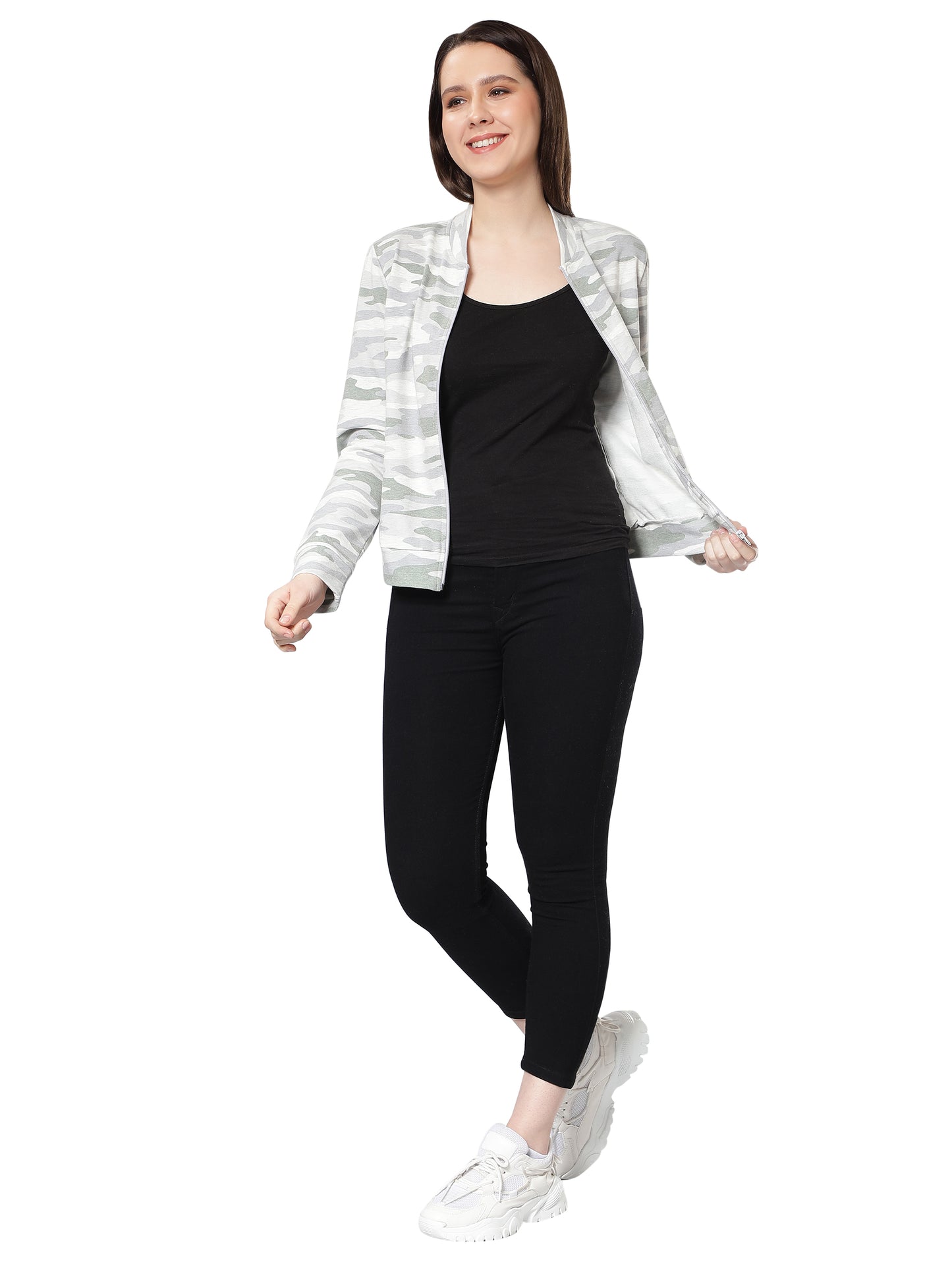 Women Camouflage Printed Grey Jacket