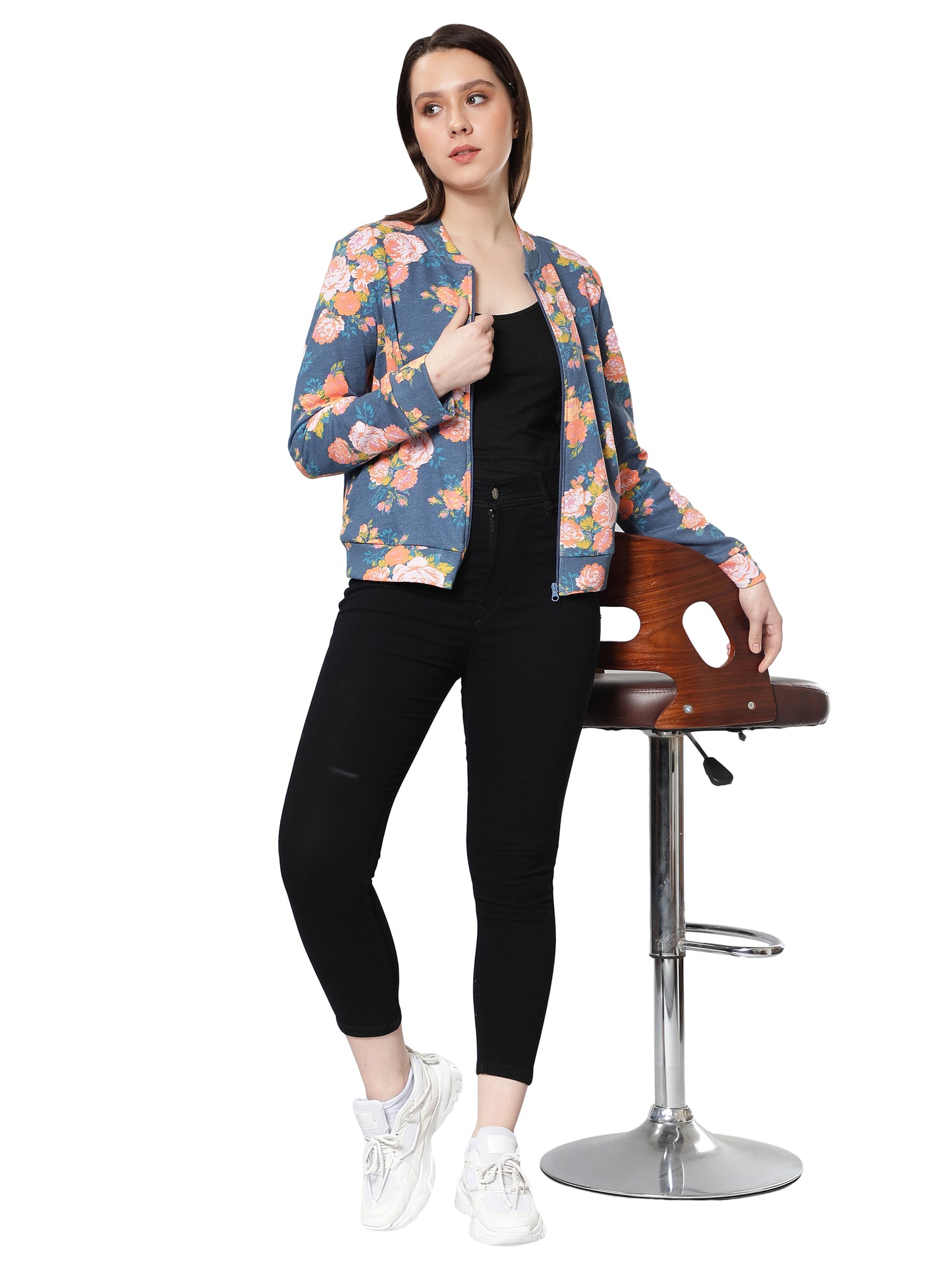Women Floral Printed Blue Jacket