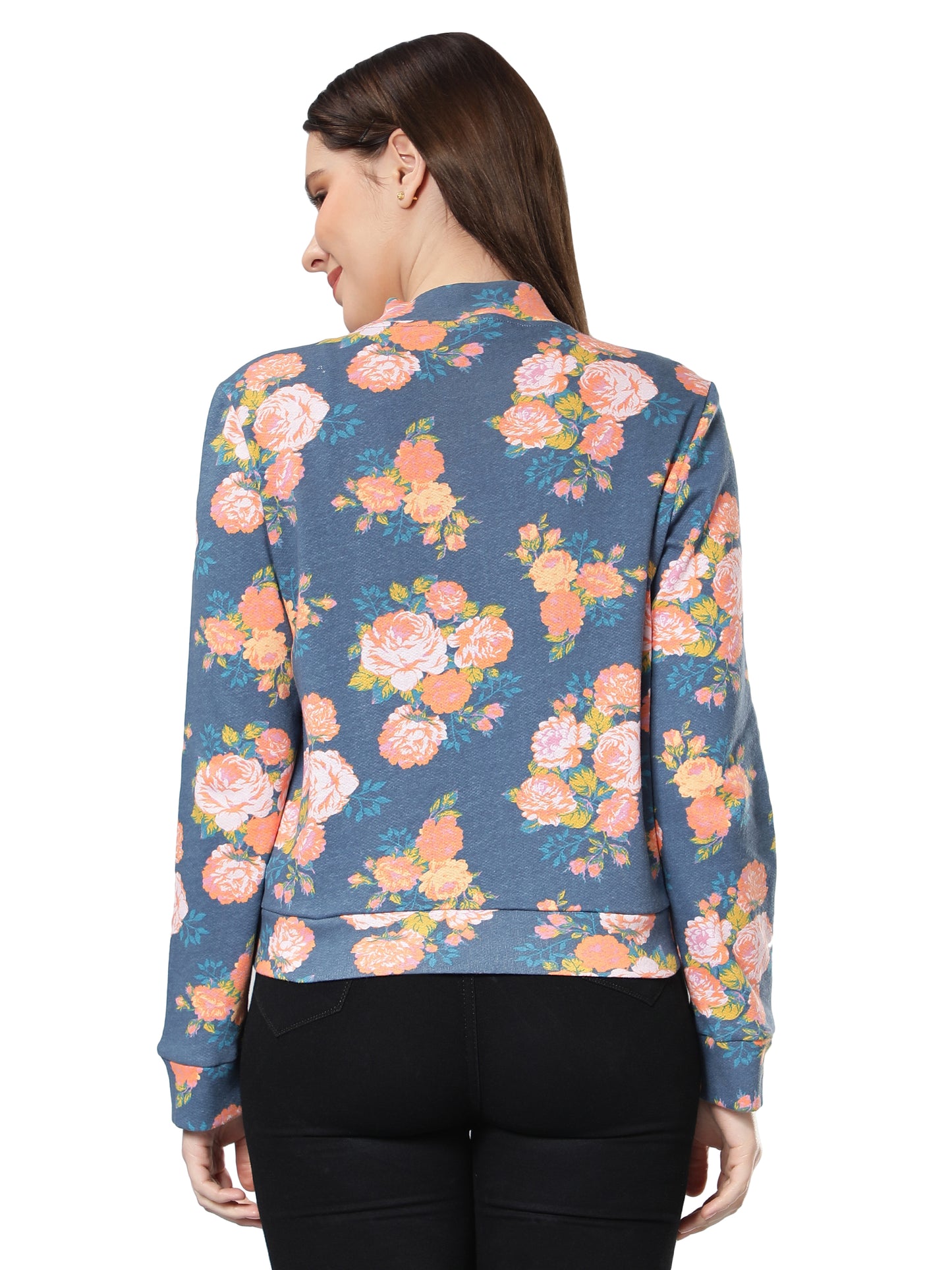 Women Floral Printed Blue Jacket