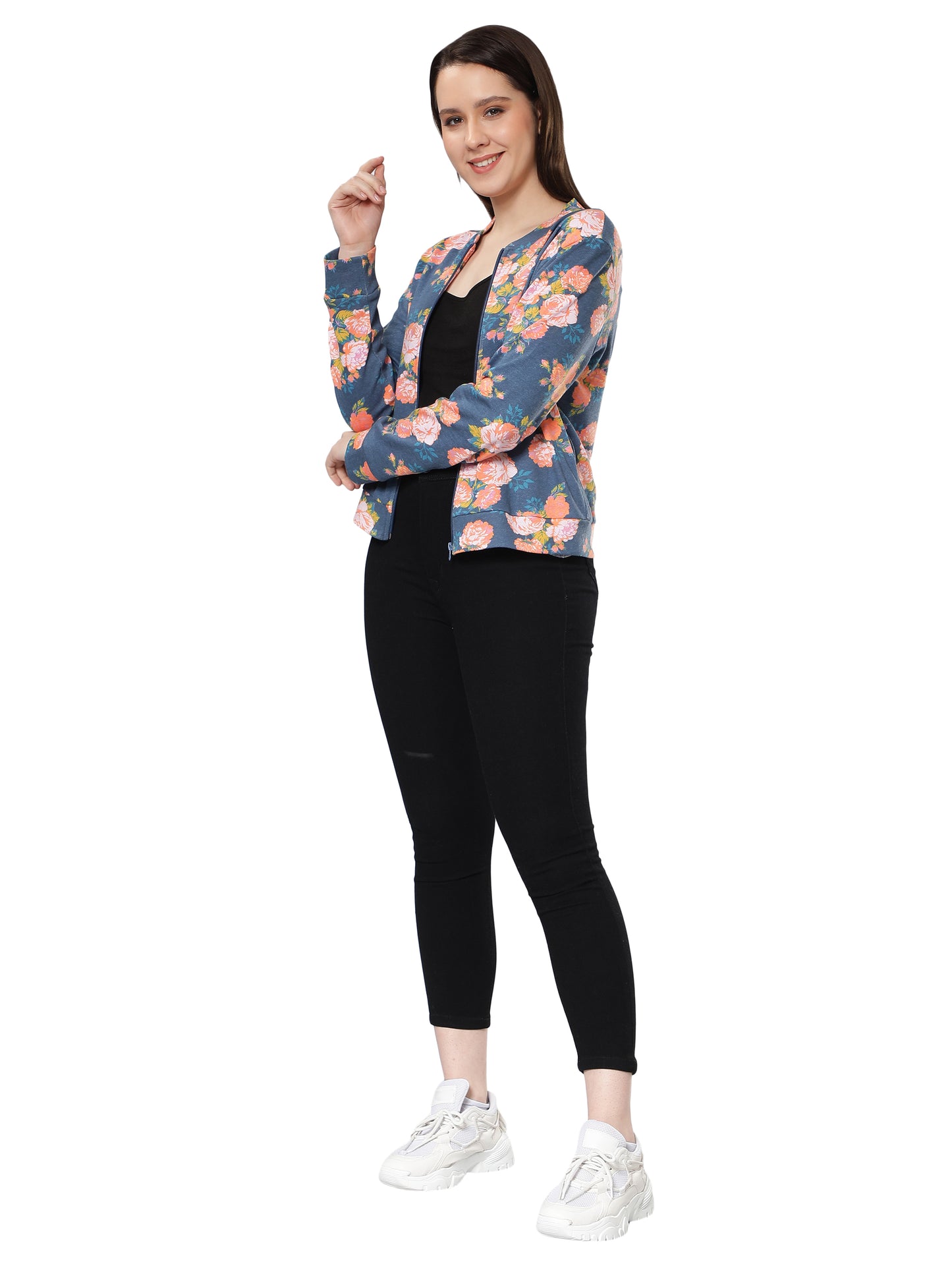 Women Floral Printed Blue Jacket