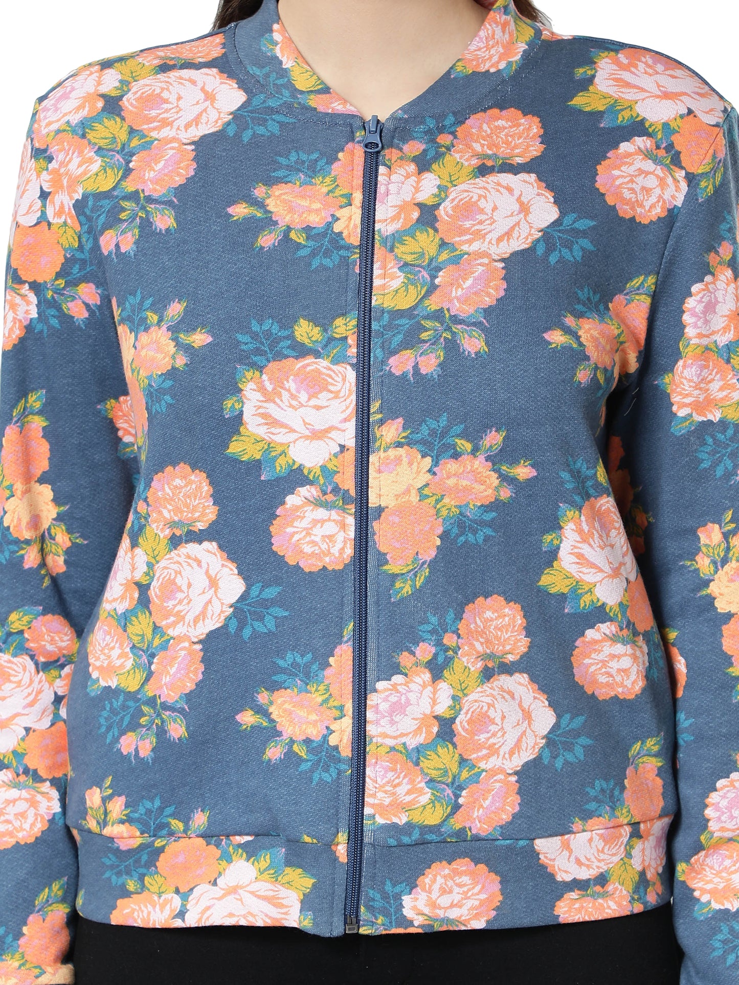 Women Floral Printed Blue Jacket