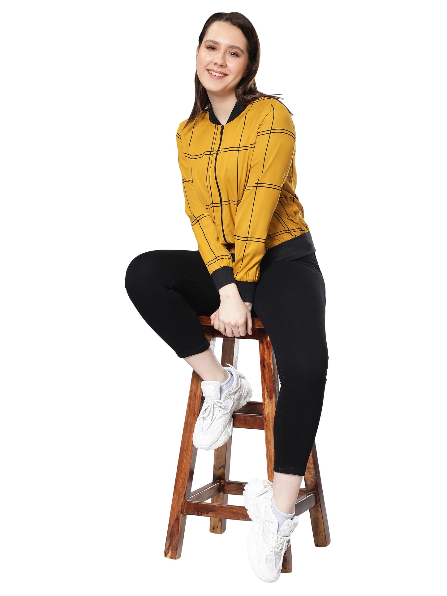 NUEVOSDAMAS Women Check Printed Mustard Bomber Jacket