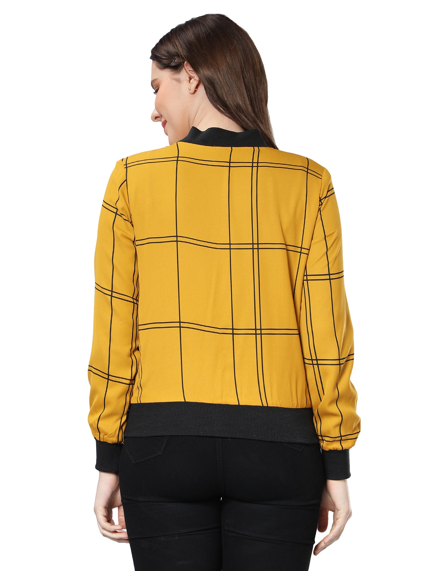 NUEVOSDAMAS Women Check Printed Mustard Bomber Jacket
