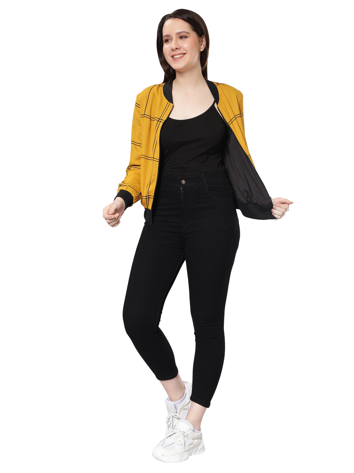 NUEVOSDAMAS Women Check Printed Mustard Bomber Jacket