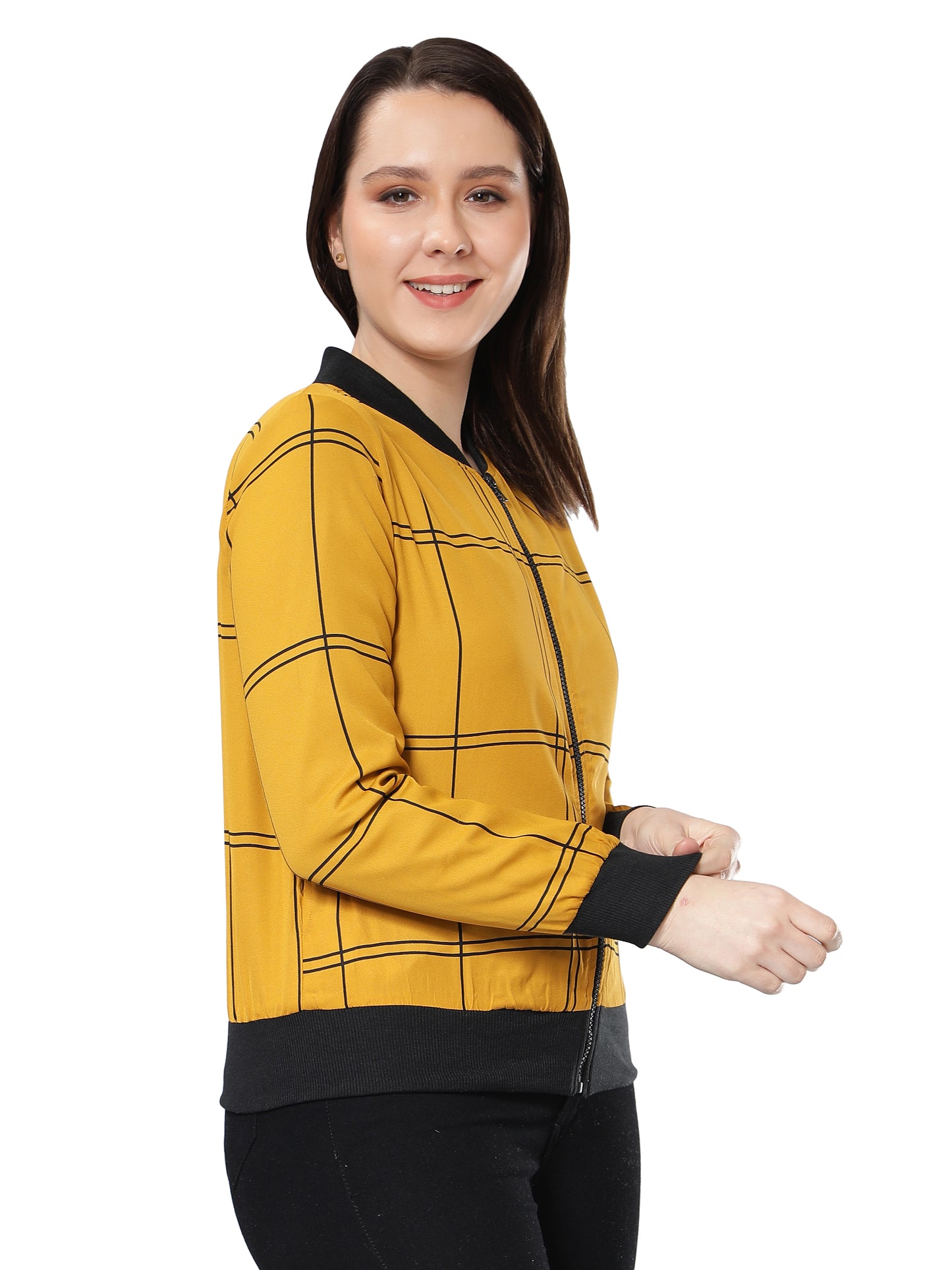 NUEVOSDAMAS Women Check Printed Mustard Bomber Jacket