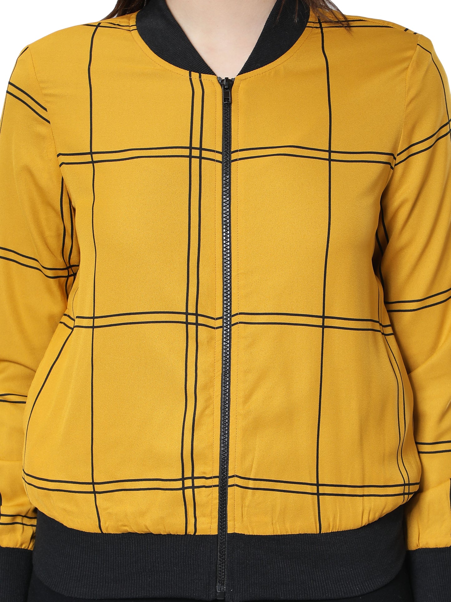 NUEVOSDAMAS Women Check Printed Mustard Bomber Jacket