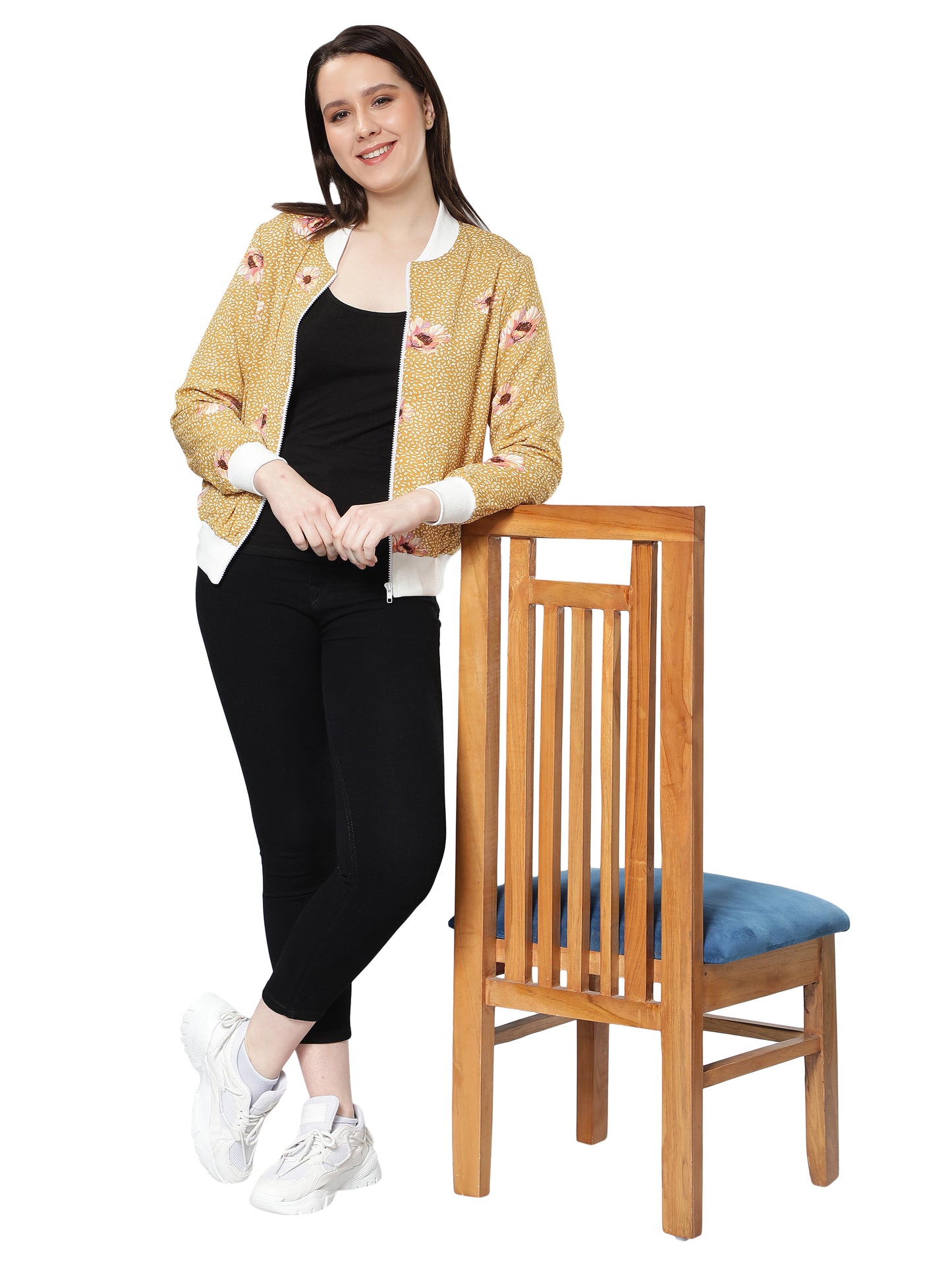 NUEVOSDAMAS Women Floral Printed Mustard Bomber Jacket