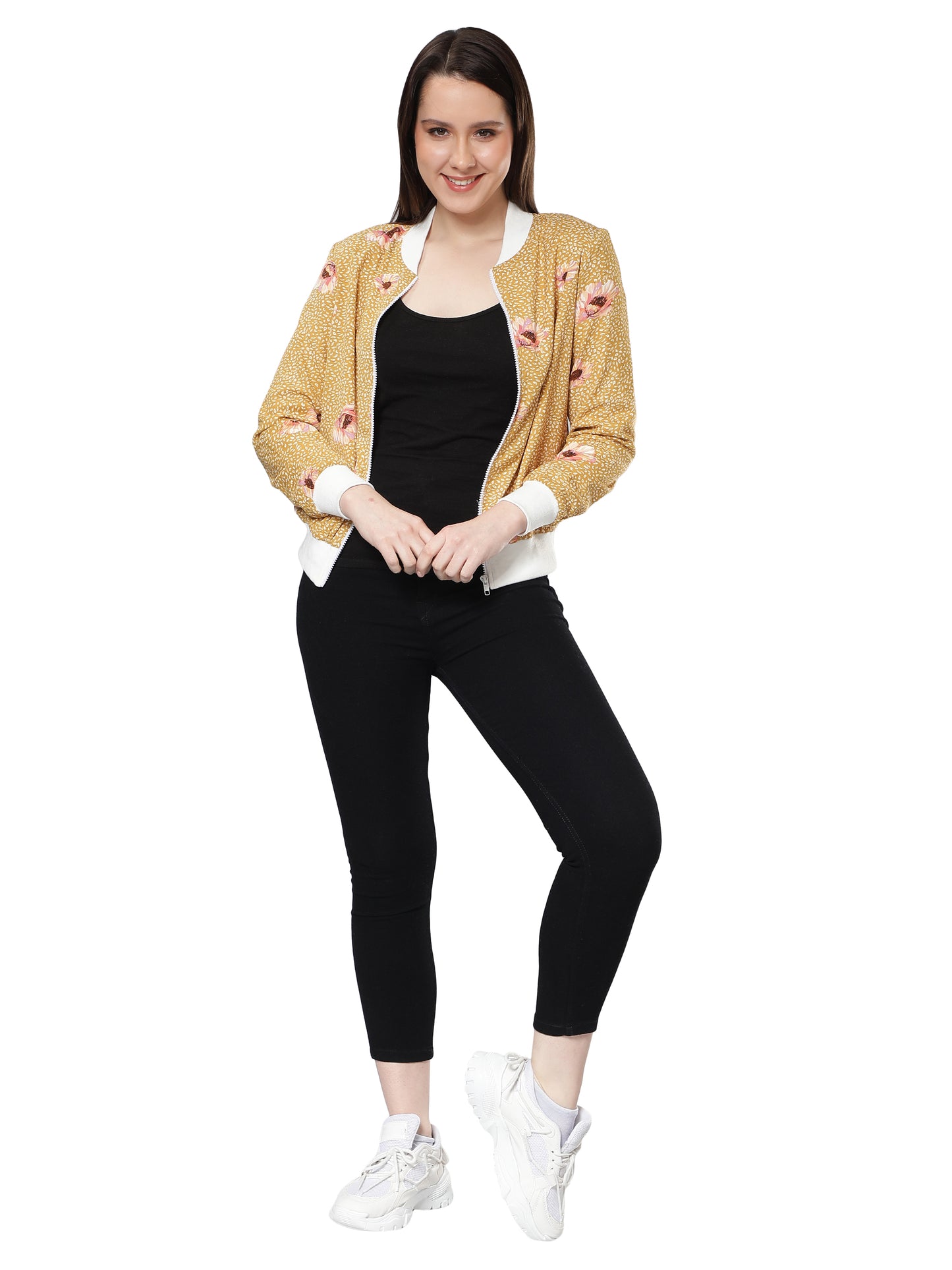 NUEVOSDAMAS Women Floral Printed Mustard Bomber Jacket