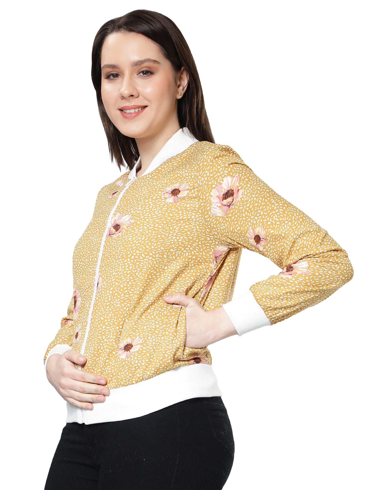 NUEVOSDAMAS Women Floral Printed Mustard Bomber Jacket