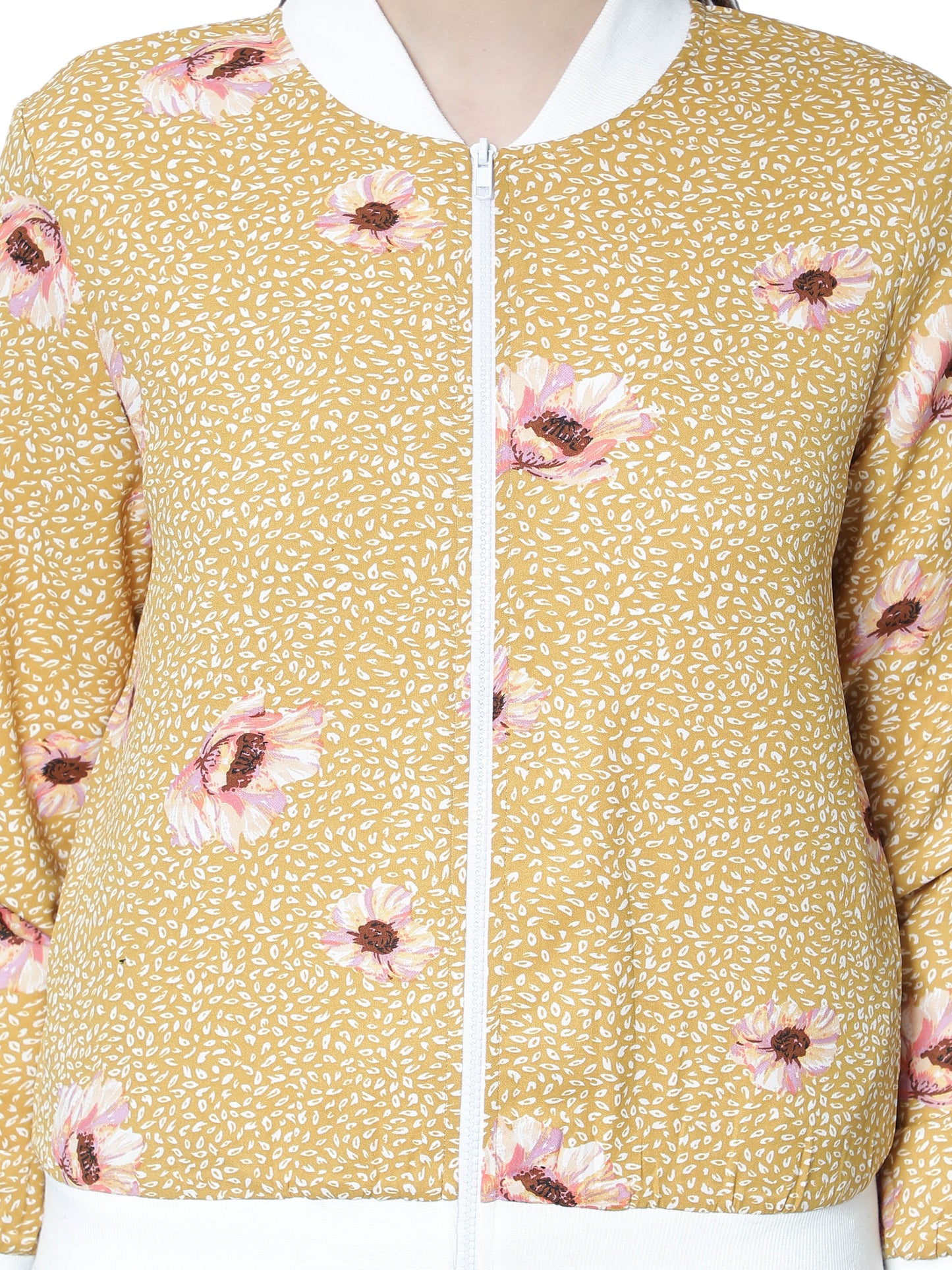 NUEVOSDAMAS Women Floral Printed Mustard Bomber Jacket